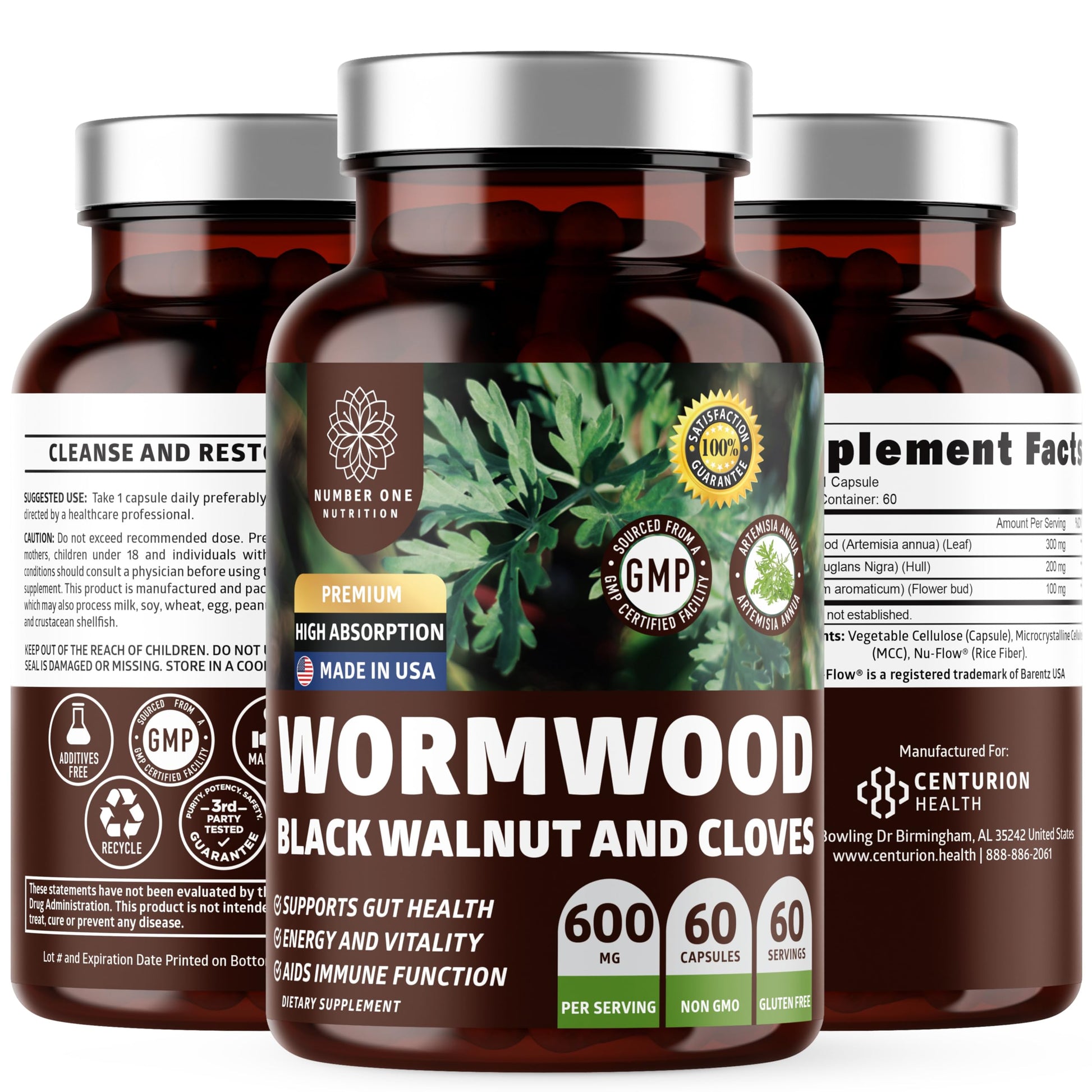 Number One Nutrition Wormwood Black Walnut Clove Capsules 600mg, 60 Count