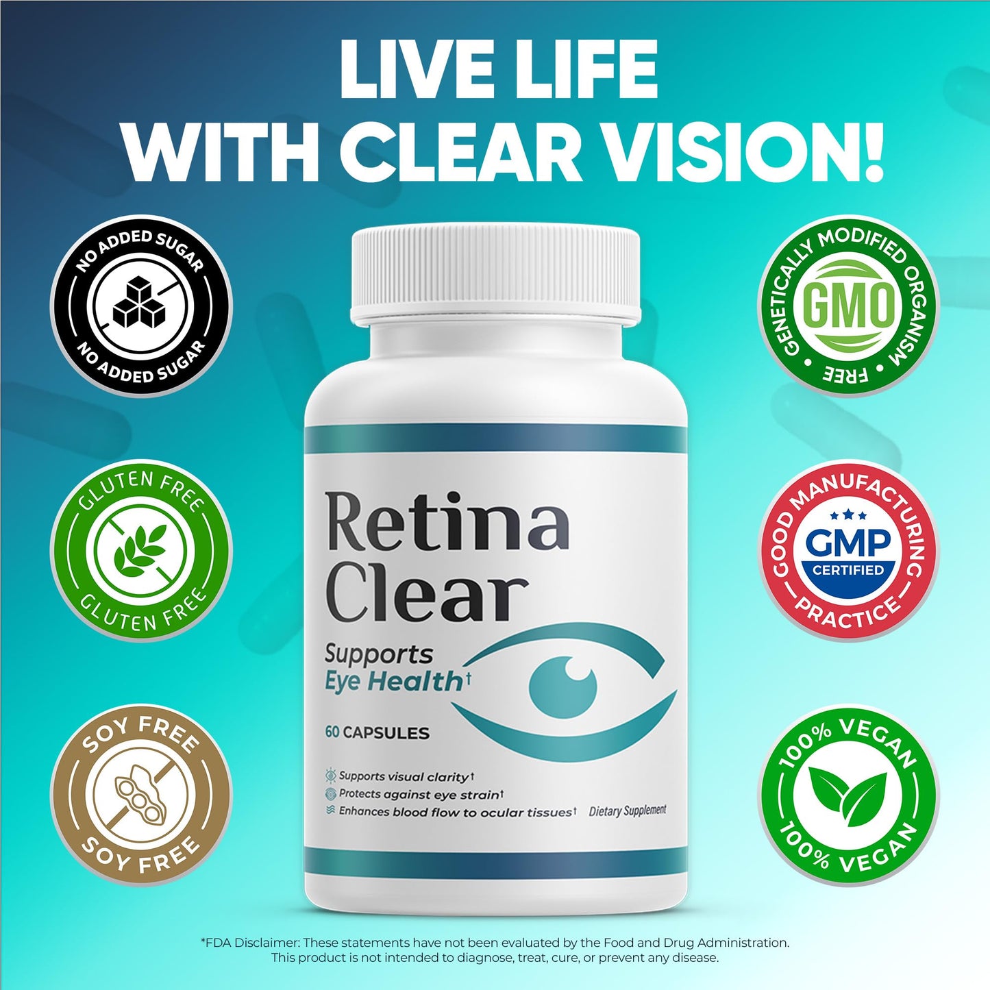 Retina Clear Vision Support Supplement with Lutein, Zeaxanthin, Quercetin, Vitamin A, Zinc & Bilberry, 180 Capsules