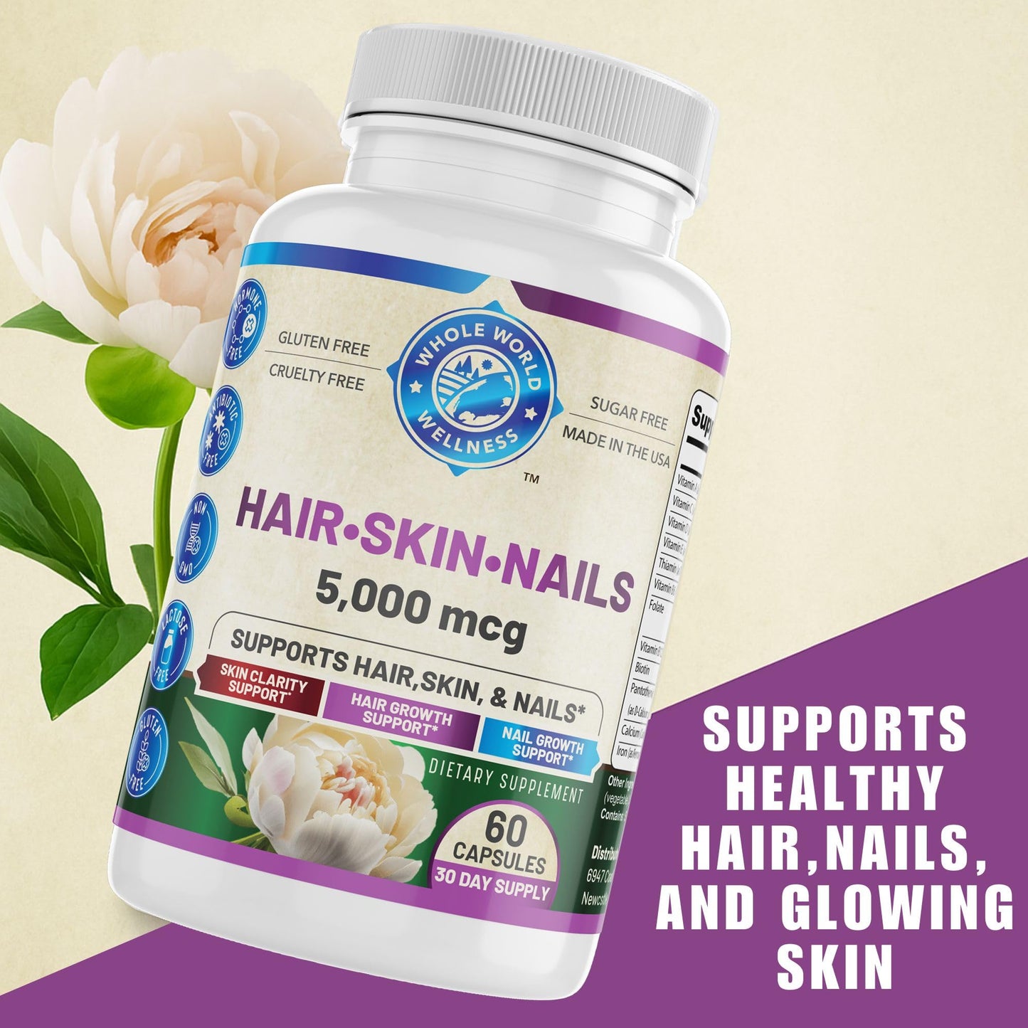 Whole World Wellness Healthy Hair Skin and Nails Biotin 5000mcg Capsule 60 Count