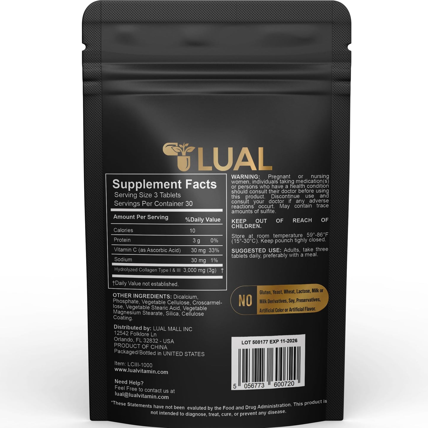 LUAL Collagen 1 & 3 + Vitamin C - Boost Skin Elasticity & Joint Health - 1,000mg, 90 Tablets