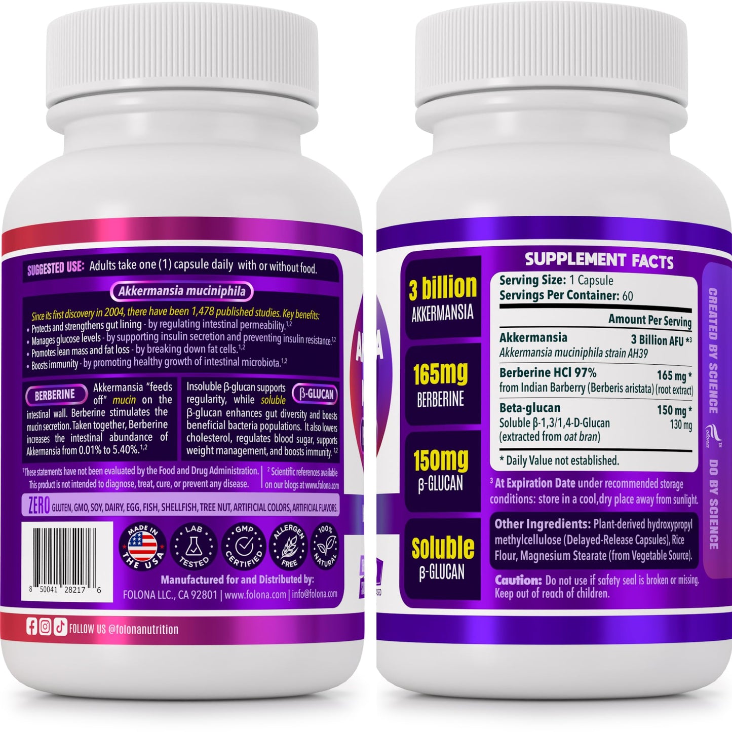 FOLONA Akkermansia GLP-1 Probiotic with Berberine, 60 Capsules