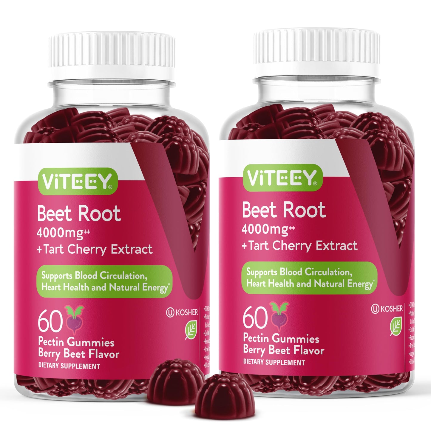 Viteey Beet Root Gummies 4000mg from 80mg of 50:1 Extract with Tart Cherry, Vegan, Gelatin Free, Gluten Free, 120 Gummies