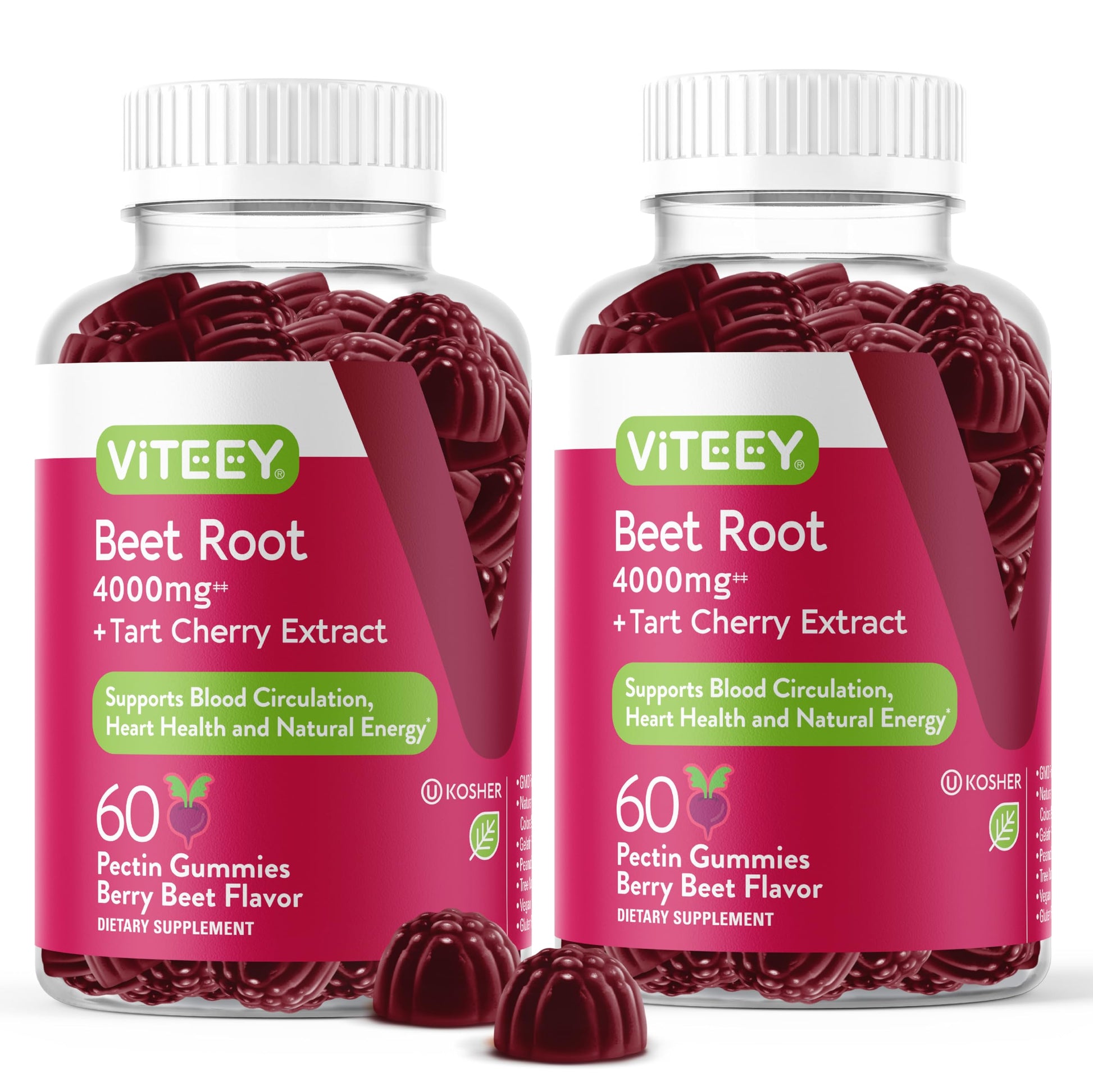 Viteey Beet Root Gummies 4000mg from 80mg of 50:1 Extract with Tart Cherry, Vegan, Gelatin Free, Gluten Free, 120 Gummies