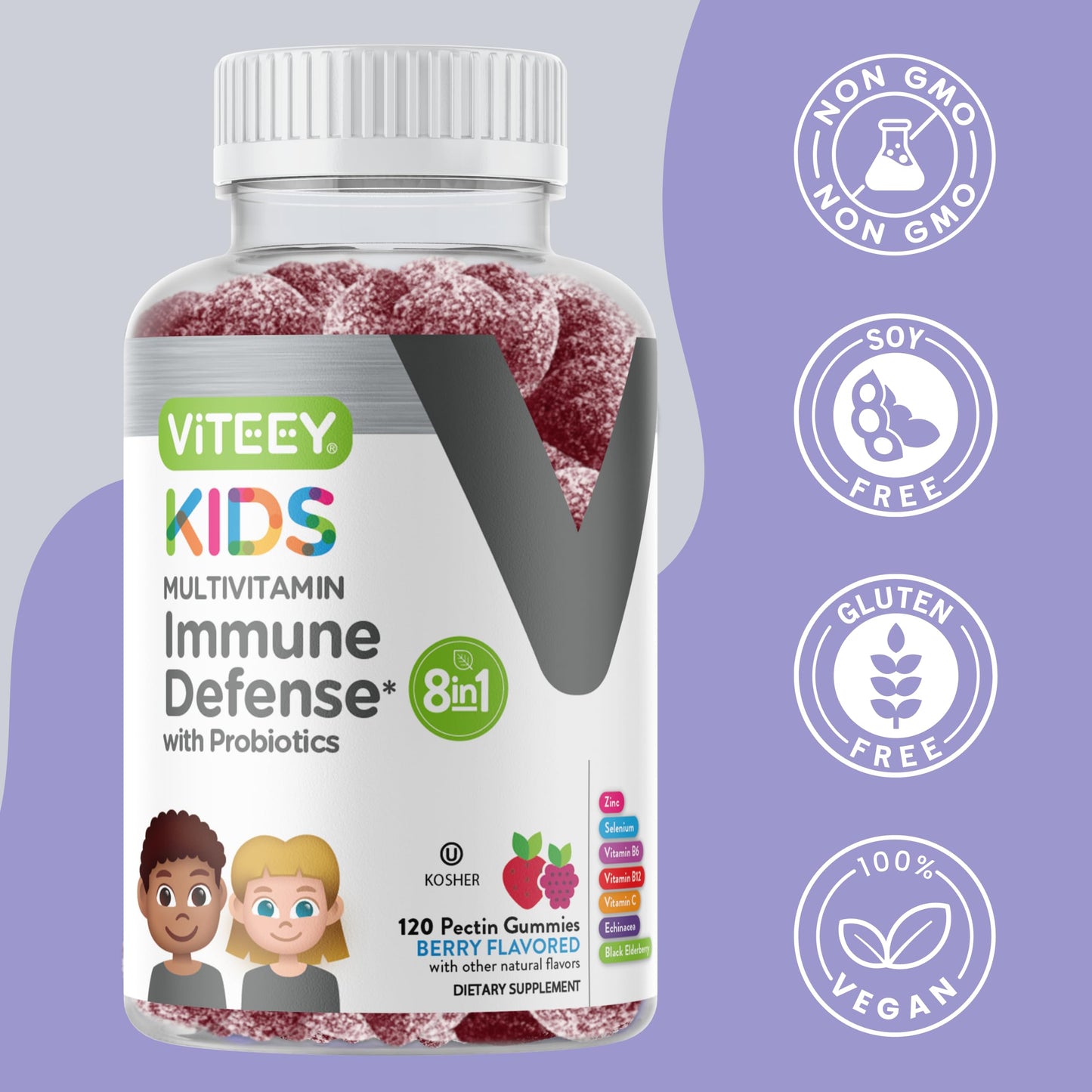 Viteey Kids Multivitamin Gummies with Probiotics - 8-1 Kids Vitamins for Immune Health Support with Vitamin C, D3, B12, B6, Zinc, Elderberry, Selenium - Vegetarian - Chewable Tasty Berry Flavored - 120 Gummies