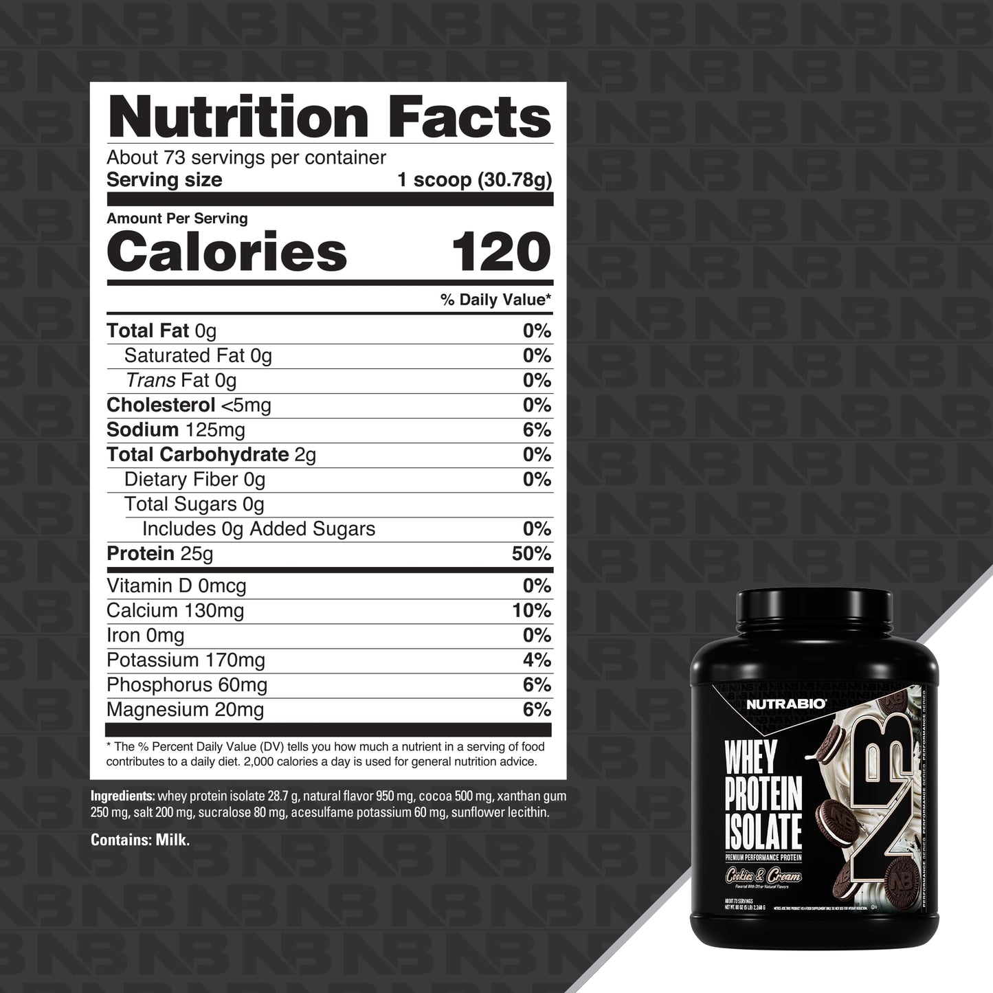 NutraBio 100% Whey Protein Isolate Protein Powder, Cookies & Cream, Powder, 80 Servings