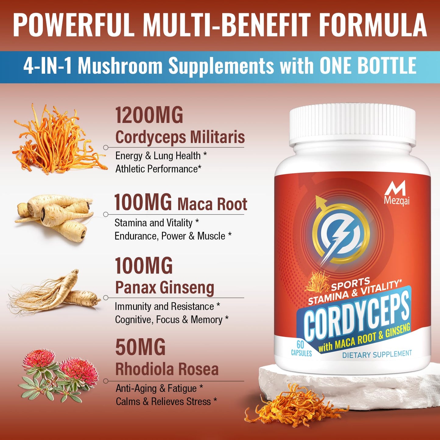 Mezqai Cordyceps Mushroom Capsules, 60 Count