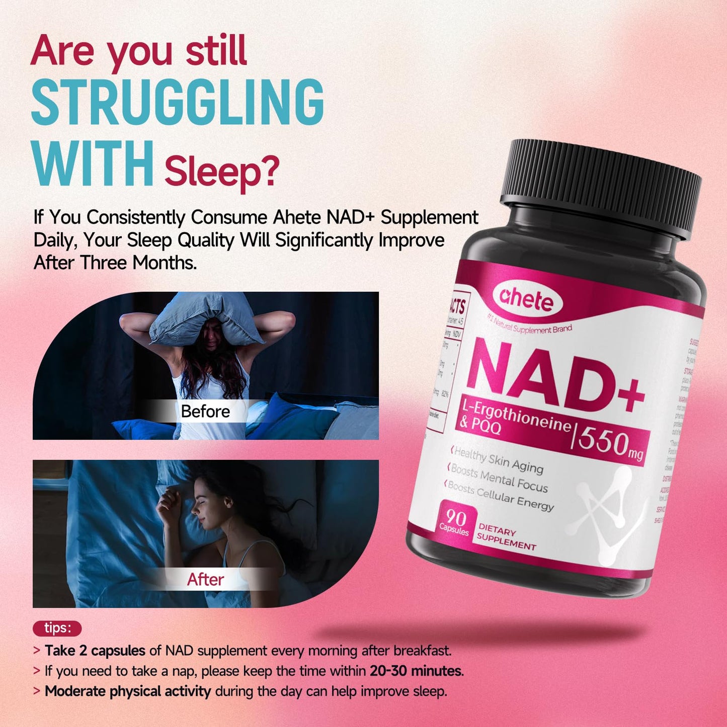Ahete NAD Supplement with L-Ergothioneine, PQQ, Vitamin B6, and NMNH - Cellular Health, Energy Support and Healthy Aging - Vegetarian, Non-GMO, Gluten Free - 90 Capsules