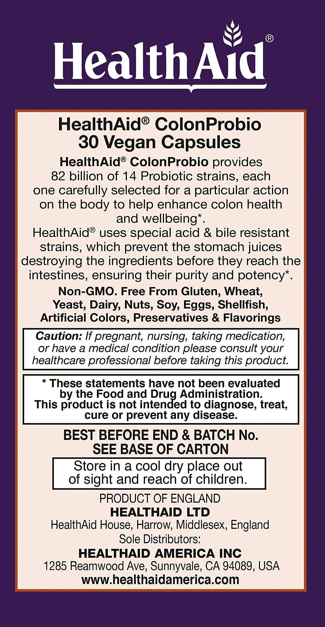 HealthAid ColonProbio 82 Billion CFU Probiotic with Prebiotic, High Bifido Formula, 14 Strains, Once Daily, 30 Capsules