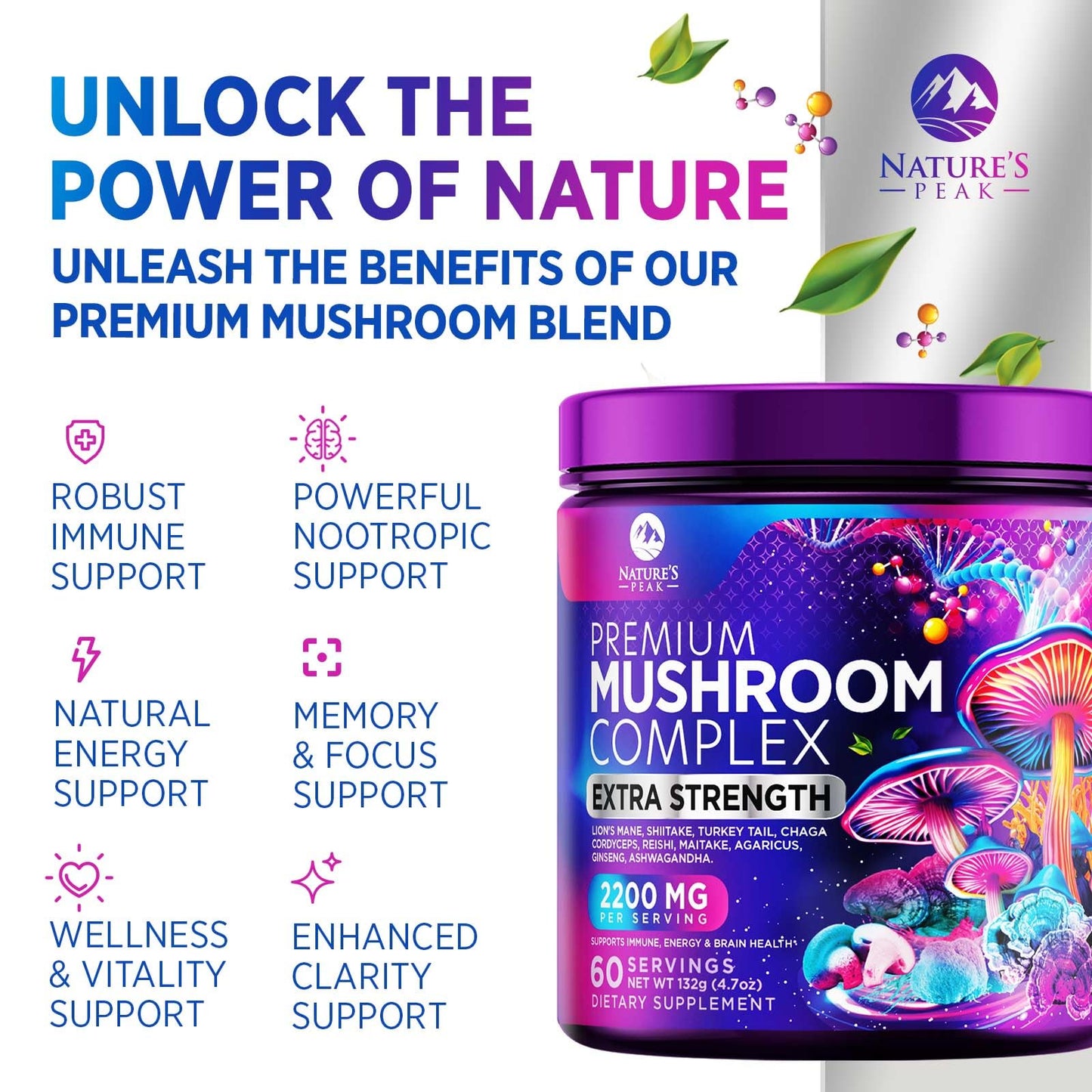 Nature's Peak Mushroom Powder Supplement 11-in-1 Blend Organic Lions Mane Reishi Cordyceps Chaga Turkey Tail Mushroom Extract Powder Brain & Immune Support Bottled in USA 4.6562