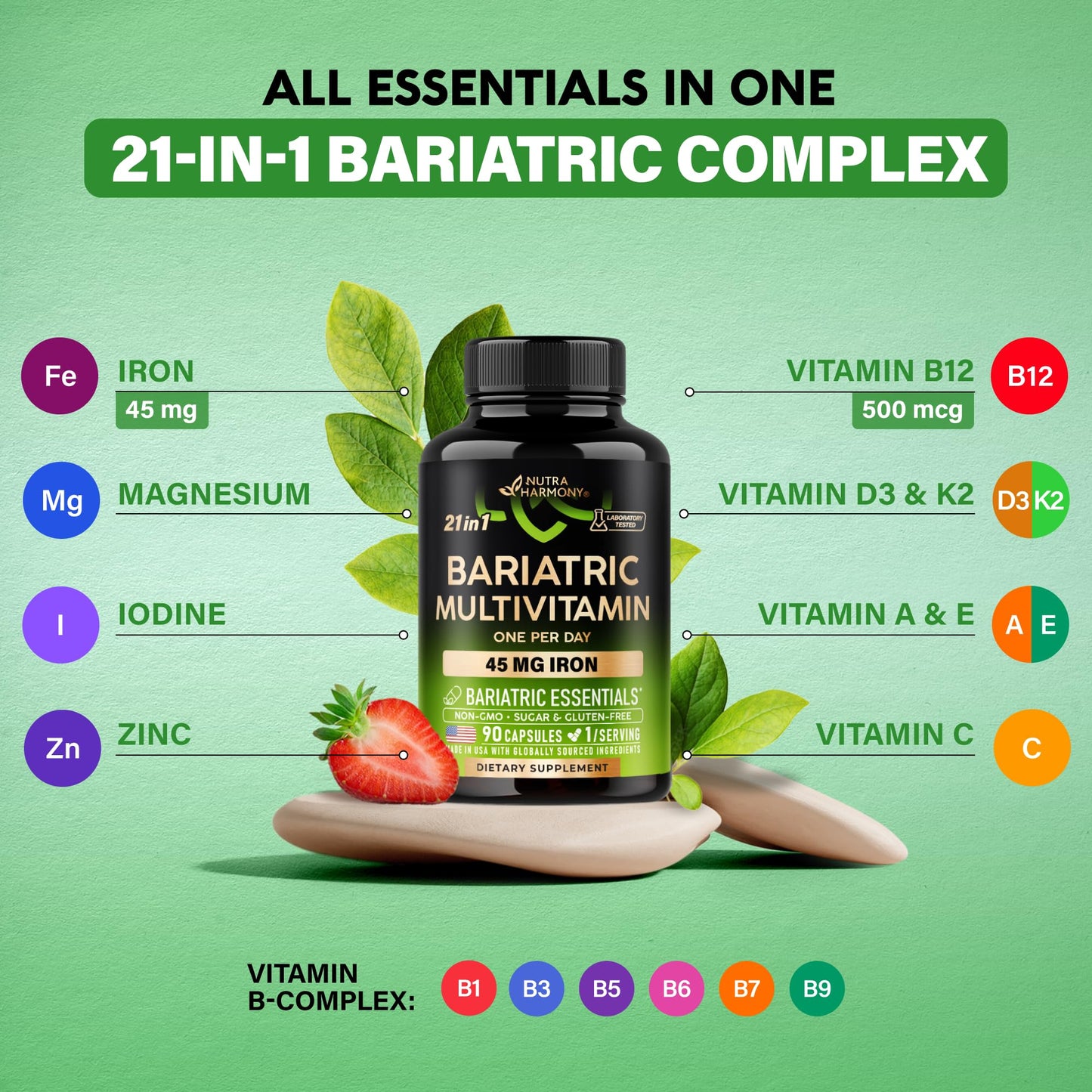 NutraHarmony Bariatric Multivitamin with Iron 45mg - 21in1 Bariatric Complex Capsules, 90 Count