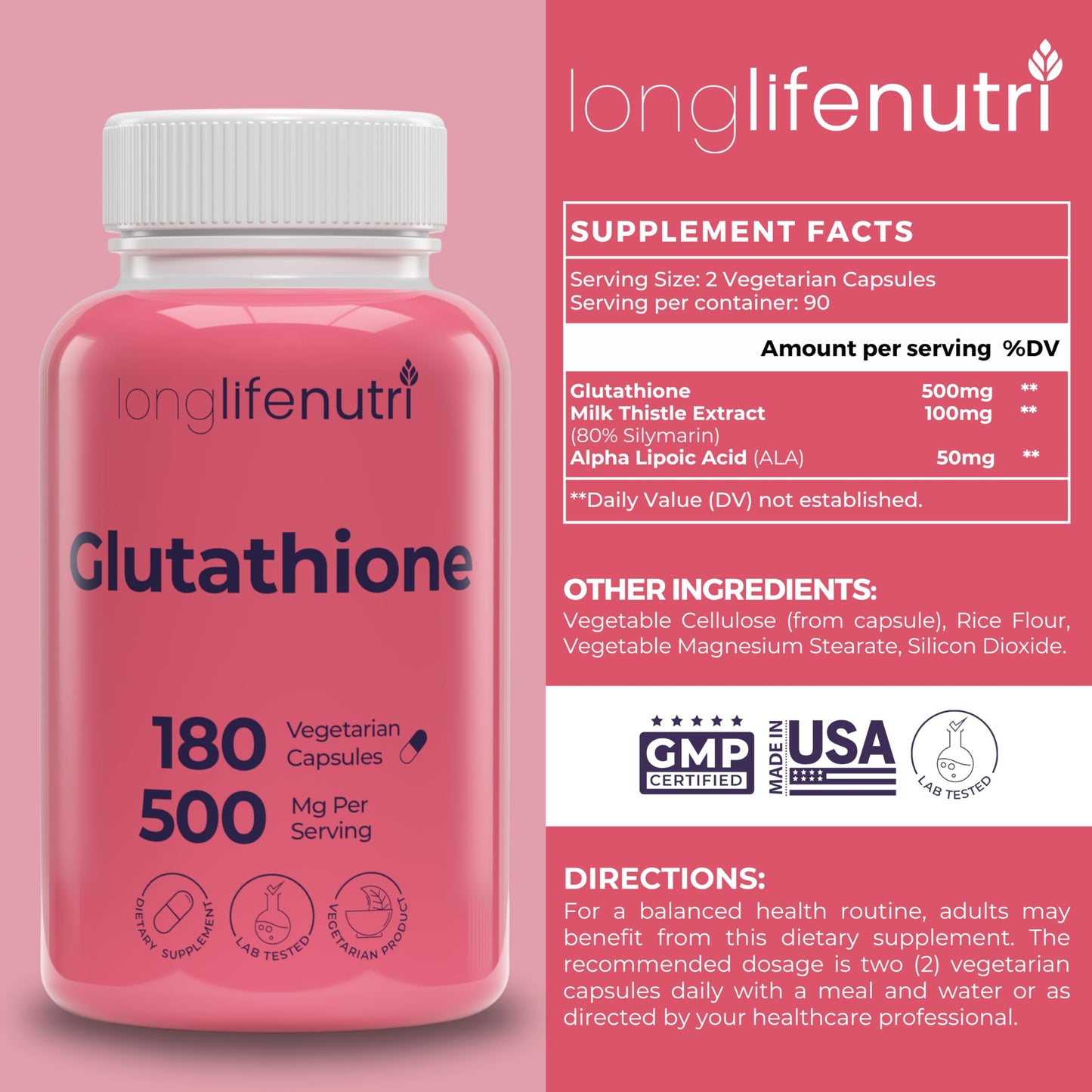 LongLifeNutri Reduced Glutathione 500mg – with White Milk Thistle and Alpha Lipoic Acid Capsules, 180 Count