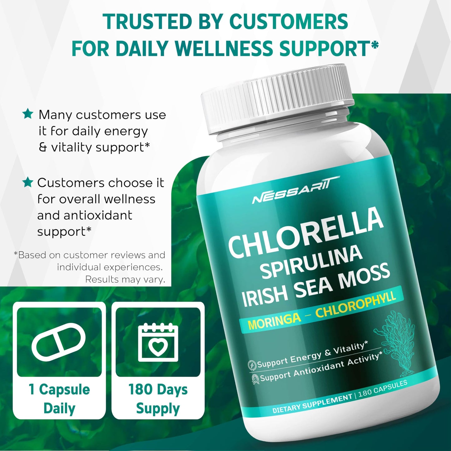 NESSARIT Chlorella, Spirulina, Irish Sea Moss, Moringa & Chlorophyll Capsules, 180