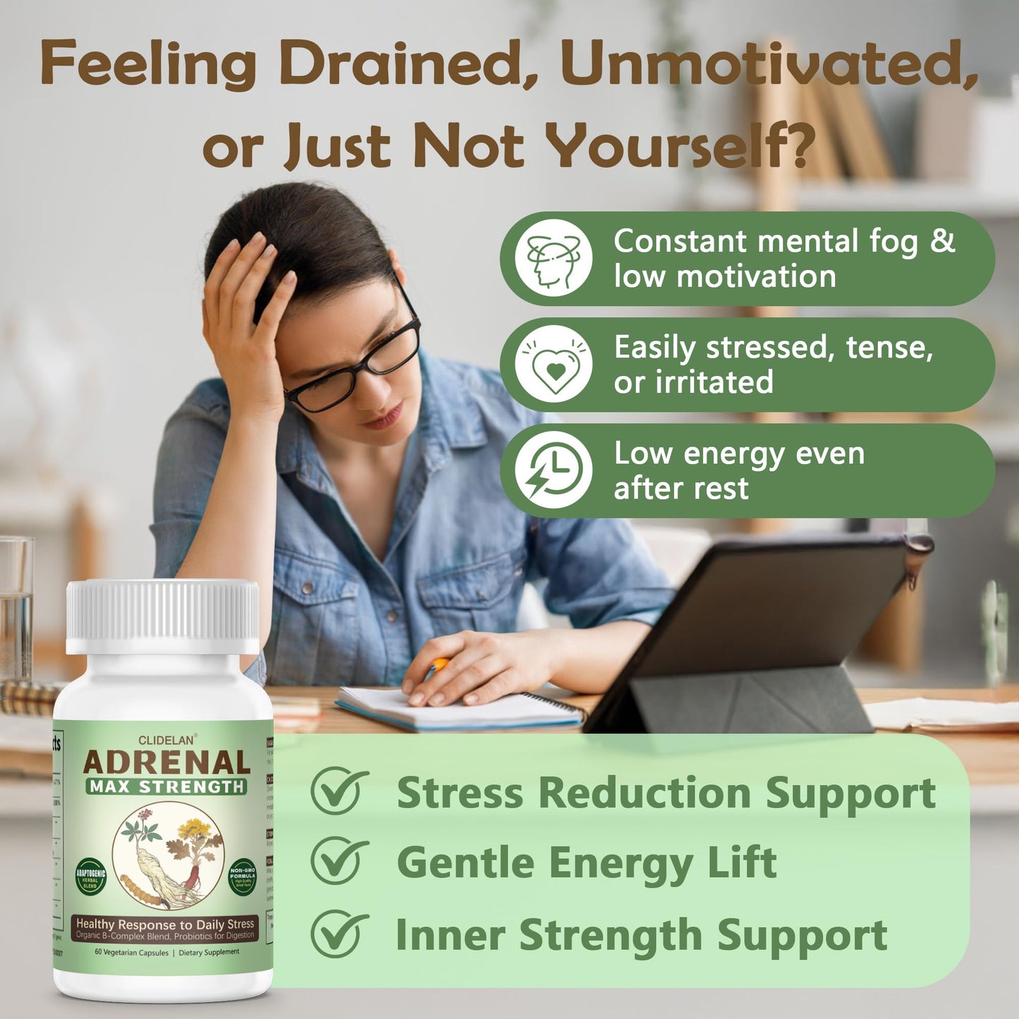 Clidelan Adrenal Support Supplements for Daily Balance Capsules, 60 Capsules