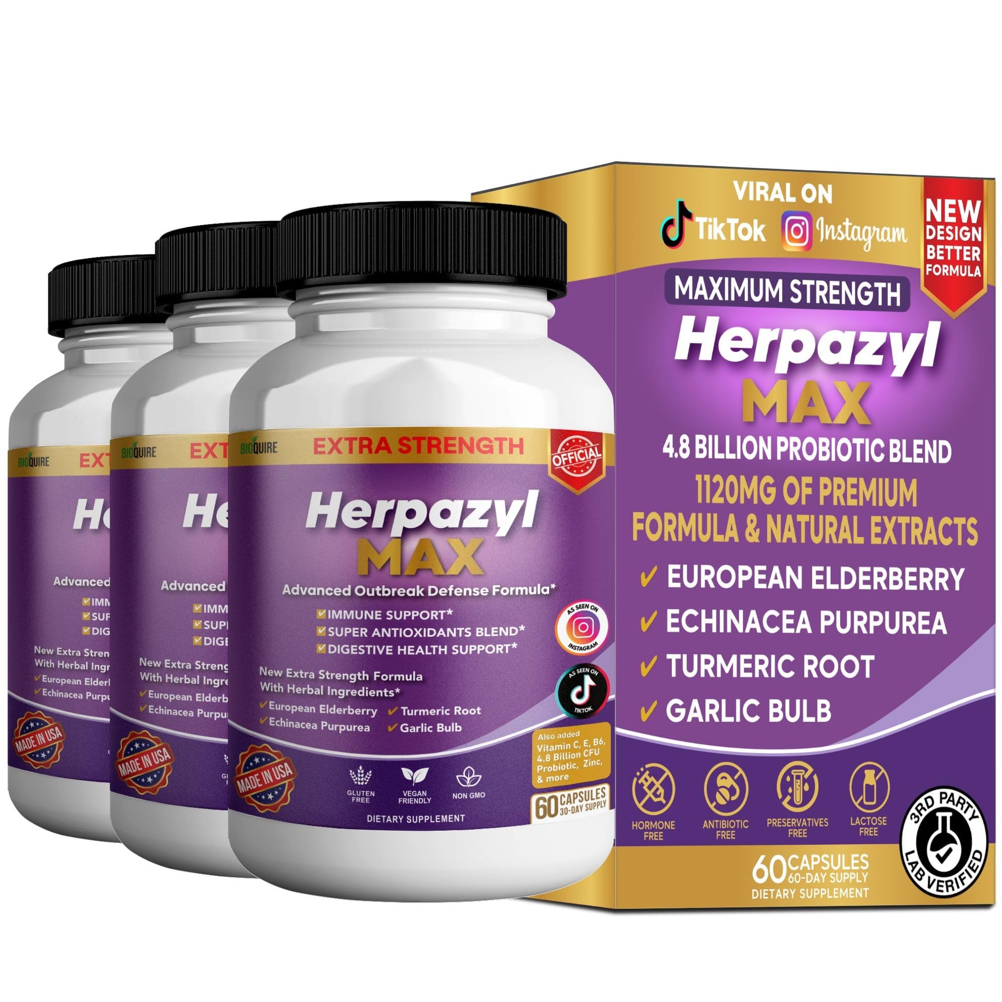 BIOQUIRE Herpazyl Max Extra Strength Immune Support Capsule, 60 Capsules
