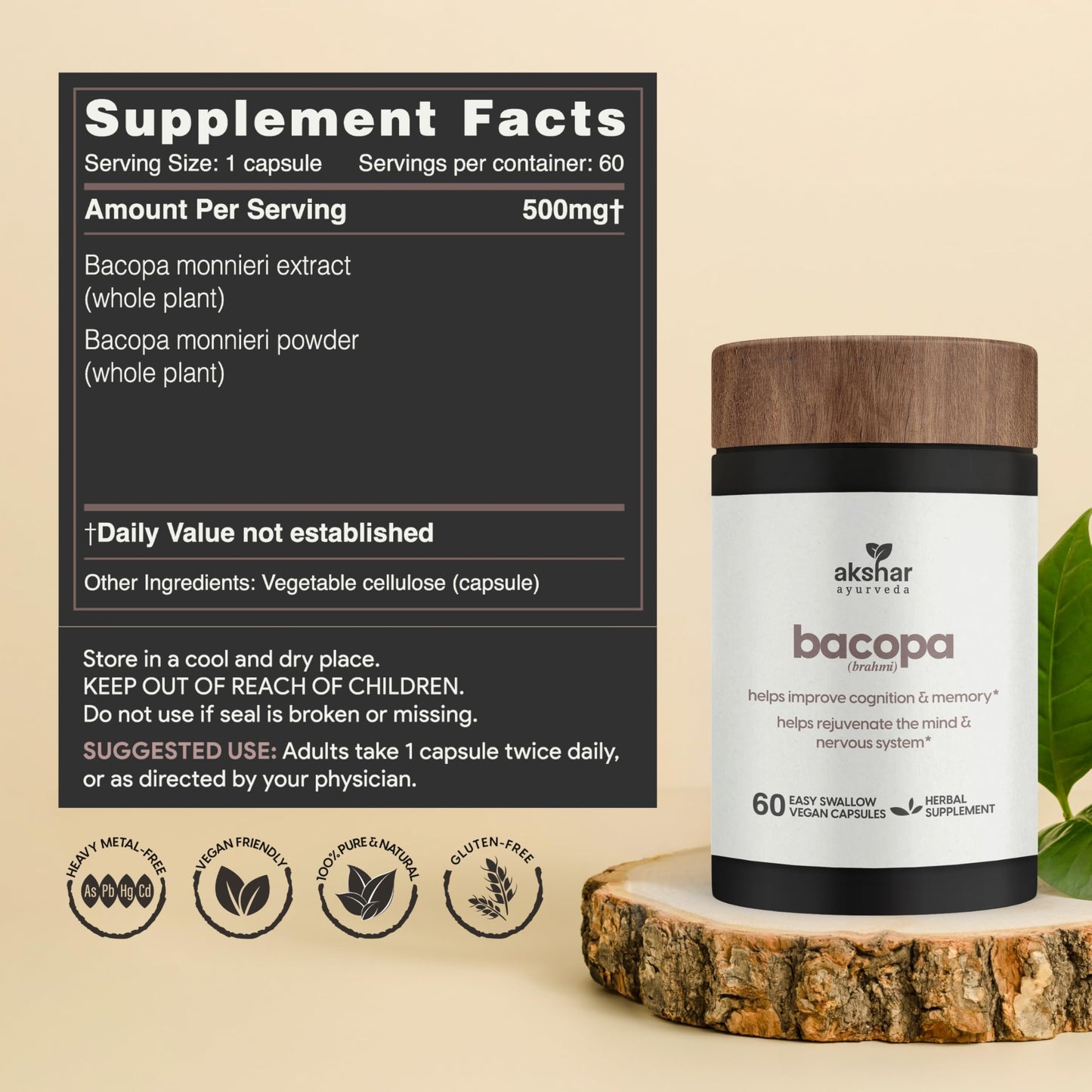 AKSHAR Bacopa Monnieri 500mg Capsules, 60 Count