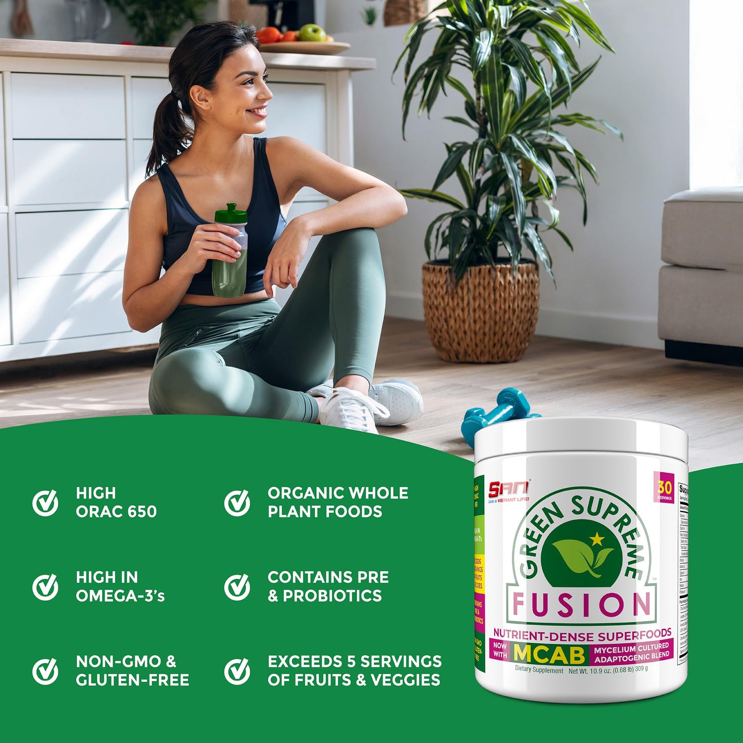 SAN Green Supreme Fusion Blend Antioxidant Super Greens Smoothie Mix with Spirulina, Chlorella, Adaptogenic Mushrooms Powder 11.2 oz