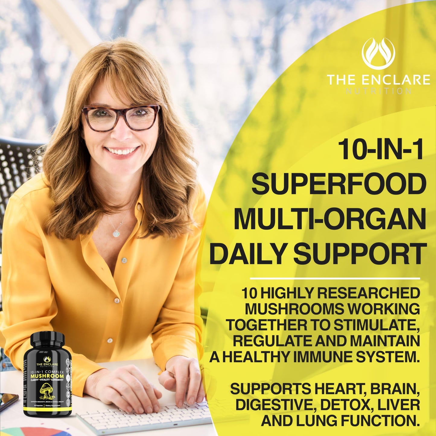The Enclare Nutrition Mushroom Supplement for Immune Support, Energy, Nootropic Brain with Lions Mane, Reishi, Turkey Tail, Cordyceps, Chaga, Maitake, Shiitake, Agaricus Capsule 360 Count
