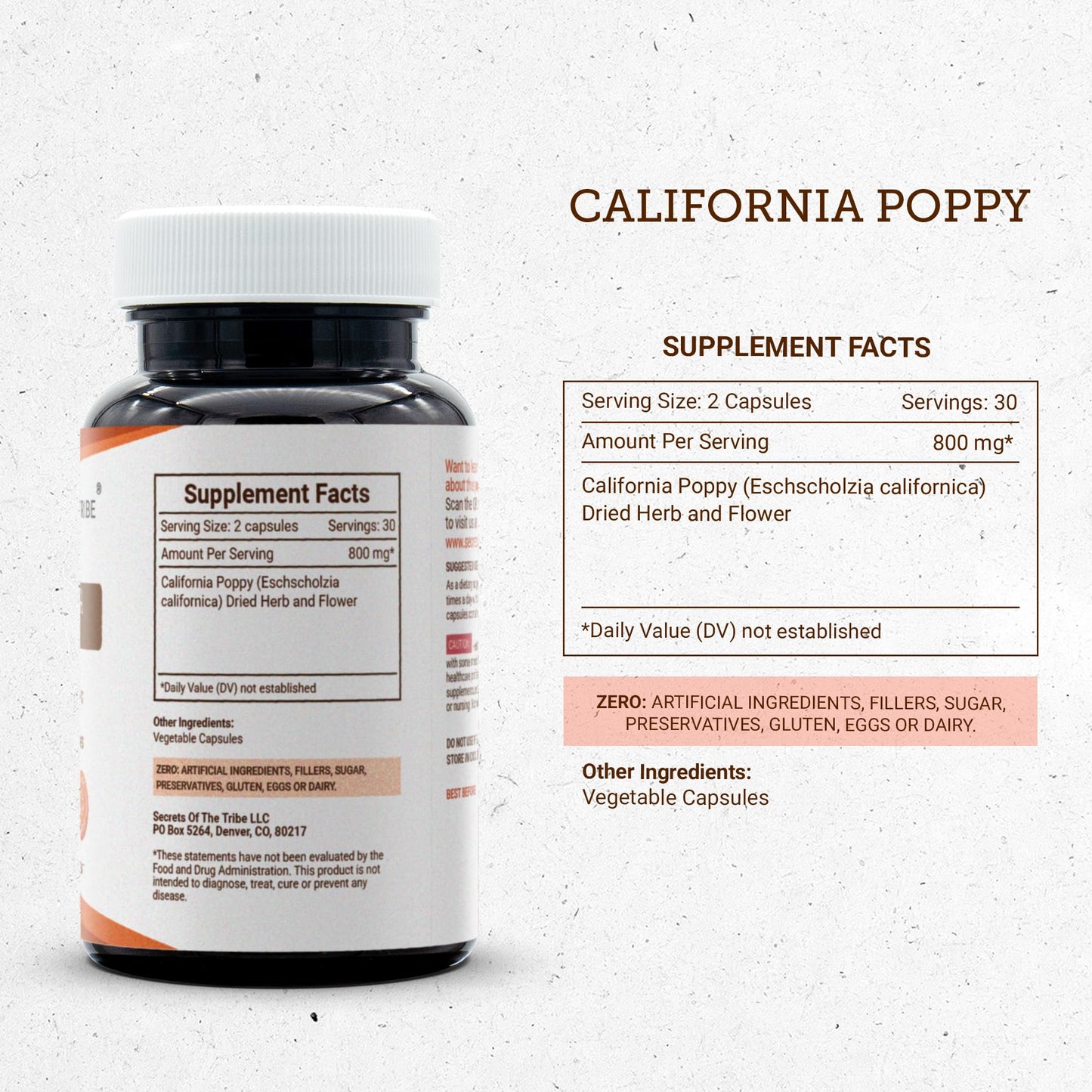 Secrets of the Tribe California Poppy 800 mg Capsules, 60 Capsules