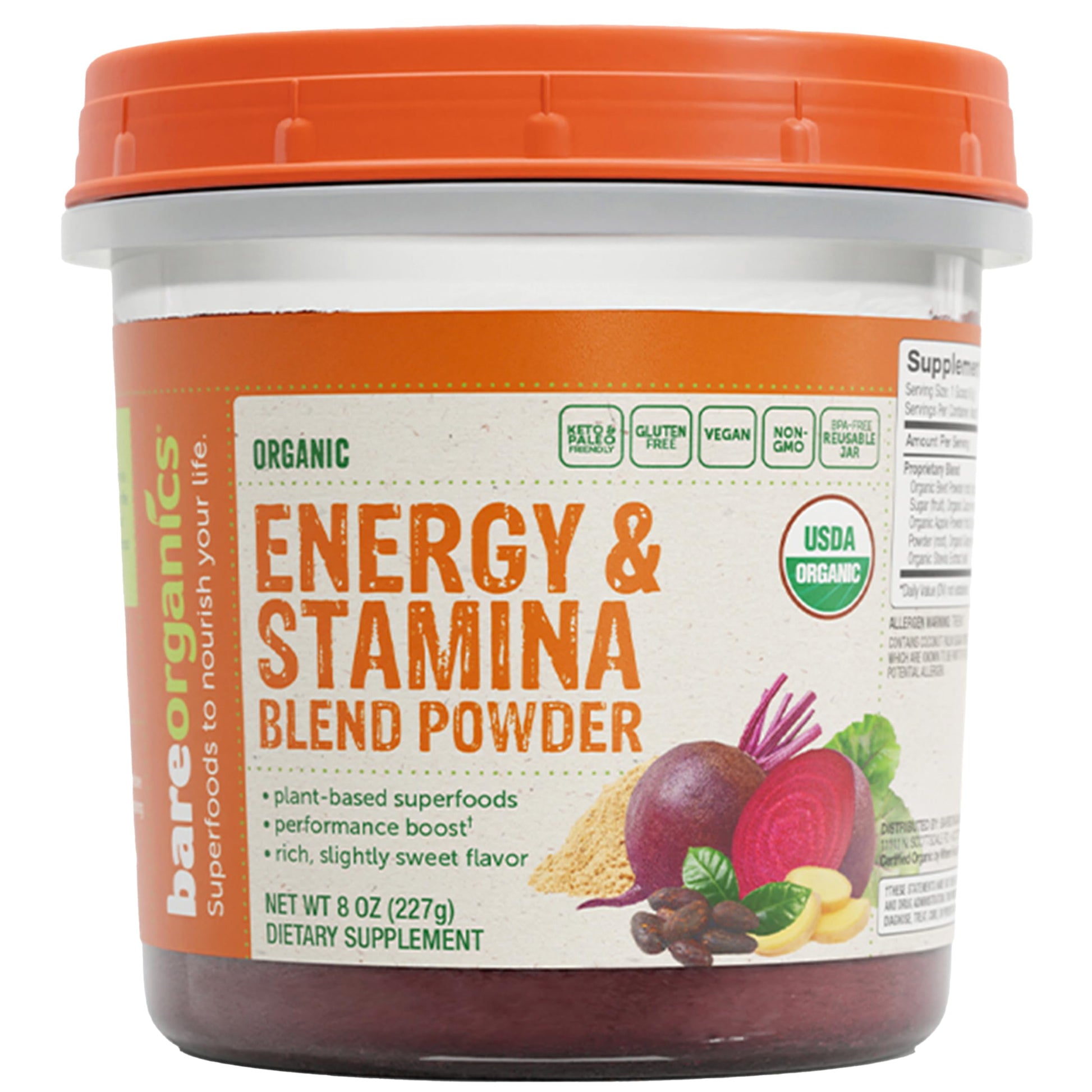 BareOrganics Energy & Stamina Blend Powder, 8 Oz