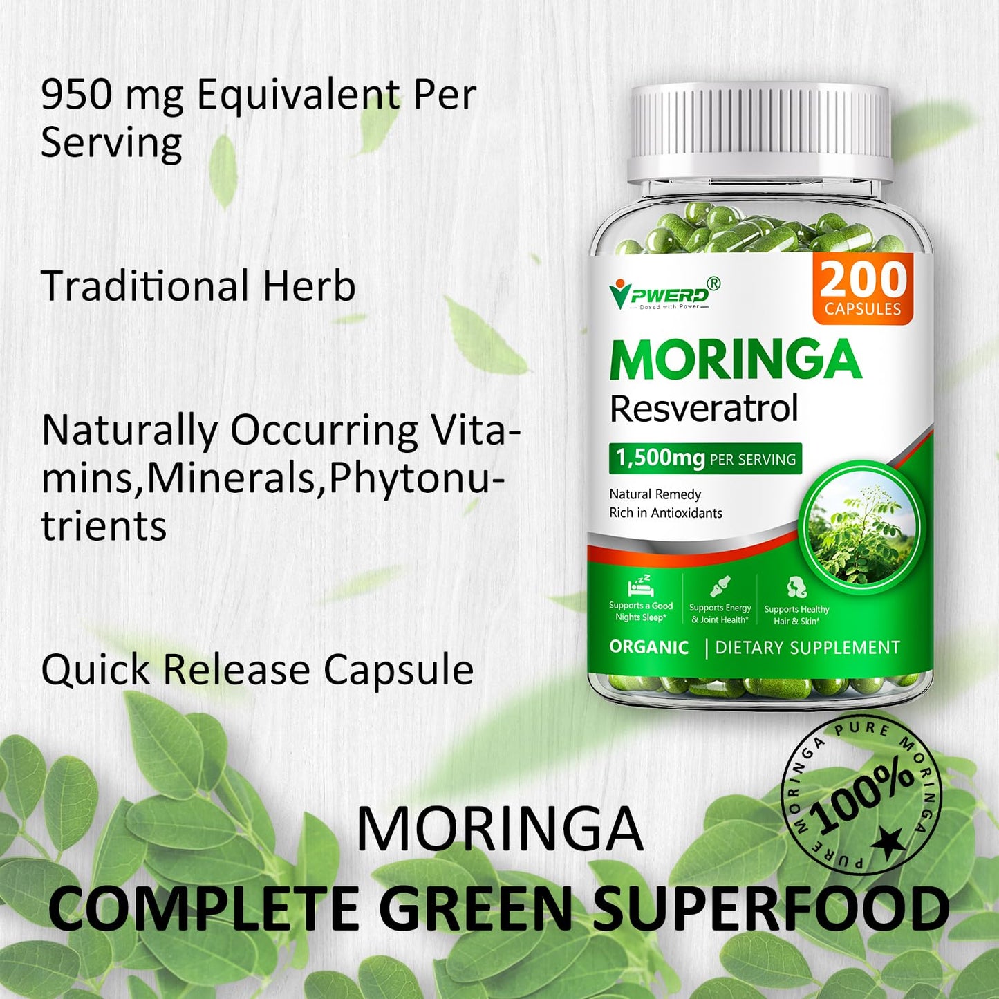 PWERD Moringa Pure Powder Oleifera Leaf Gummies, 200 Count