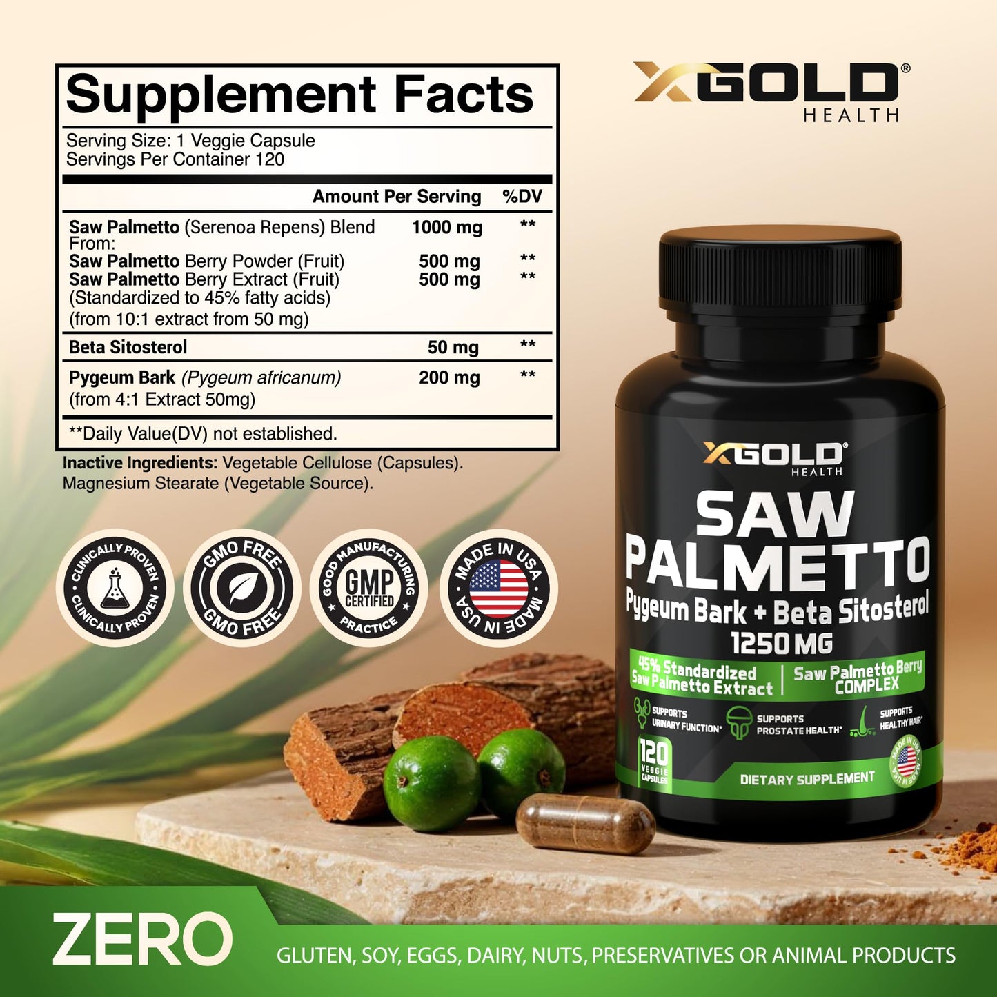 X Gold Health Saw Palmetto for Men 1250mg – Prostate Support with Beta Sitosterol & Pygeum Bark – Supports Urinary Flow & Bladder Control – DHT Blocker for Hair Loss 120 Capsules
