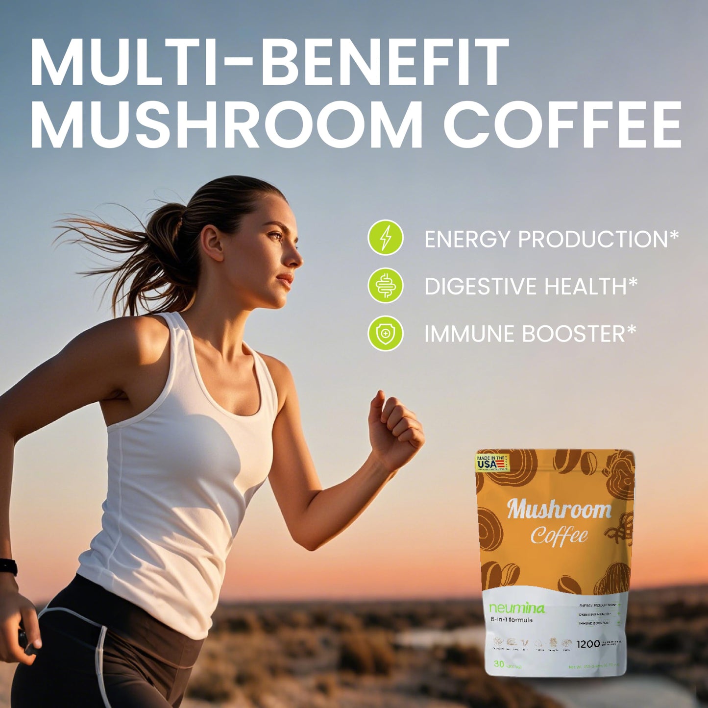 NEUMINA 6-in-1 Mushroom Coffee Powder, Energy Coffee with 6 Adaptogenic Mushrooms (Cordyceps, Lion's Mane, Reishi, Chaga, Shiitake, Turkey Tail Total 1200mg), Almost 30 Servings, 180g