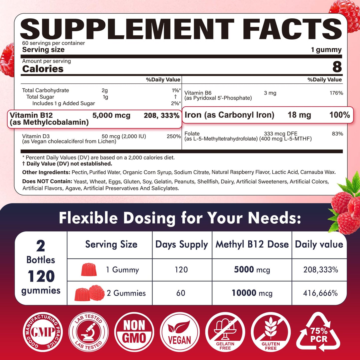 NEVISS Methylated B12 Gummies with L-Methylfolate, Iron, B6, D3 for Energy, Sugar Free, 120 Gummies