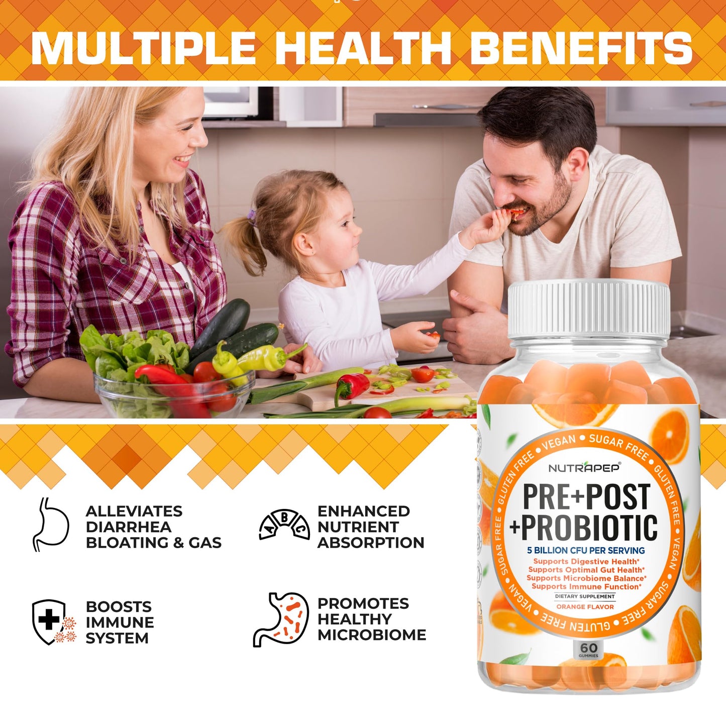NutraPep Prebiotic Probiotic & Postbiotic Gummies for Women Men & Kids Children 60 Count