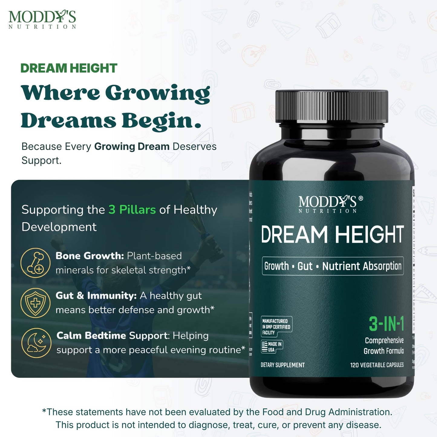 Moddy's Nutrition DreamHeight Growth Supplement for Kids & Teens, 120 Capsules