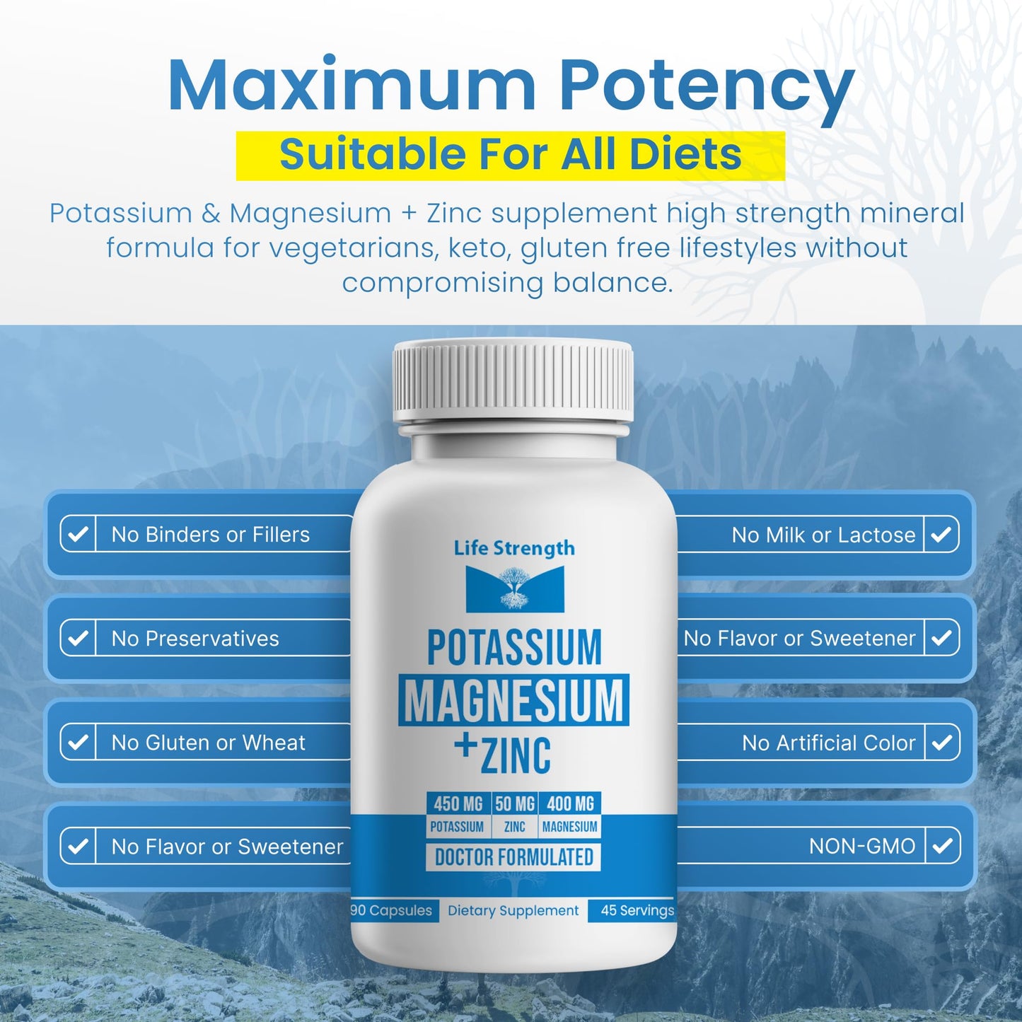 LifeStrength Magnesium Potassium Zinc Supplement Capsules 90 Count