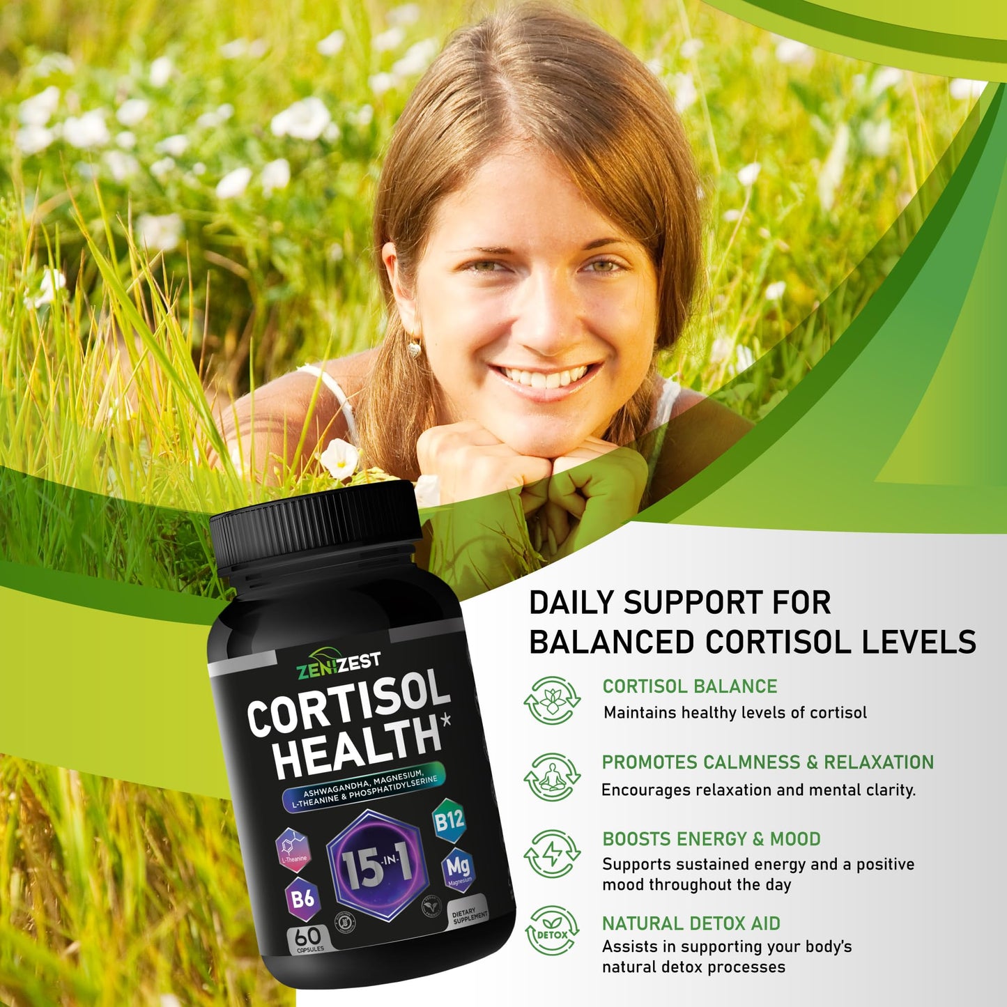 ZeniZest Cortisol Detox Supplement Capsules 60 Count