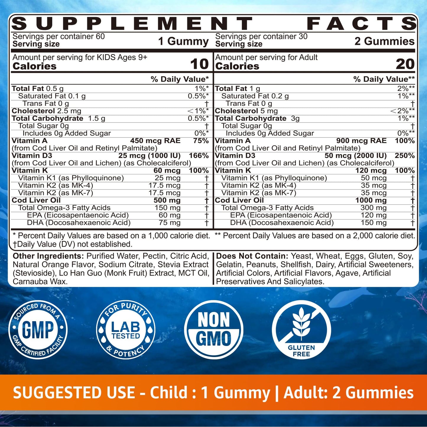 LILICARE Cod Liver Oil Gummies 1000mg with Omega-3 (EPA & DHA), Vitamins A, D3 & K2, Immune & Brain Support, Sugar-Free, Orange Flavor, 120 Gummies