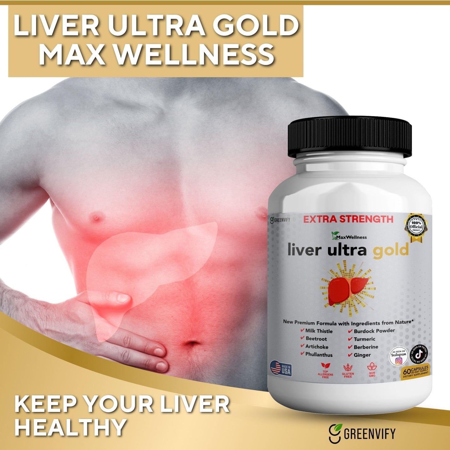 GREENVIFY Liver Ultra Gold Extra Strength Supplement Capsules 180 Count