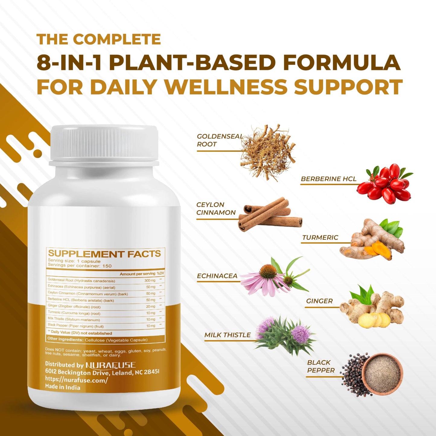 NURAFUSE Goldenseal Root 8-in-1 Formula with Cinnamon Ginger Echinacea Elderberry Black Pepper Vitamin D3 Capsule, 150 Count