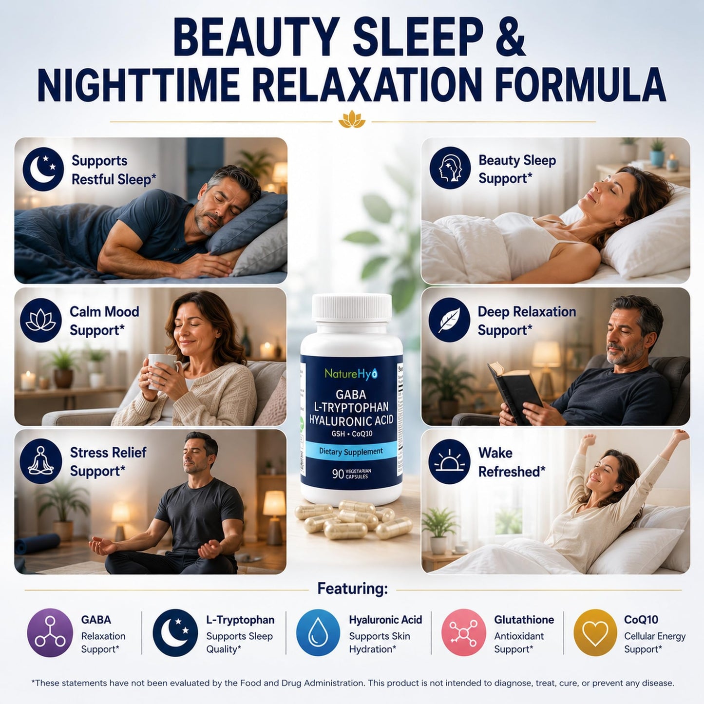 NatureHya GABA 600mg & L-Tryptophan 180mg Sleep Aid Supplement Capsule 90 Count