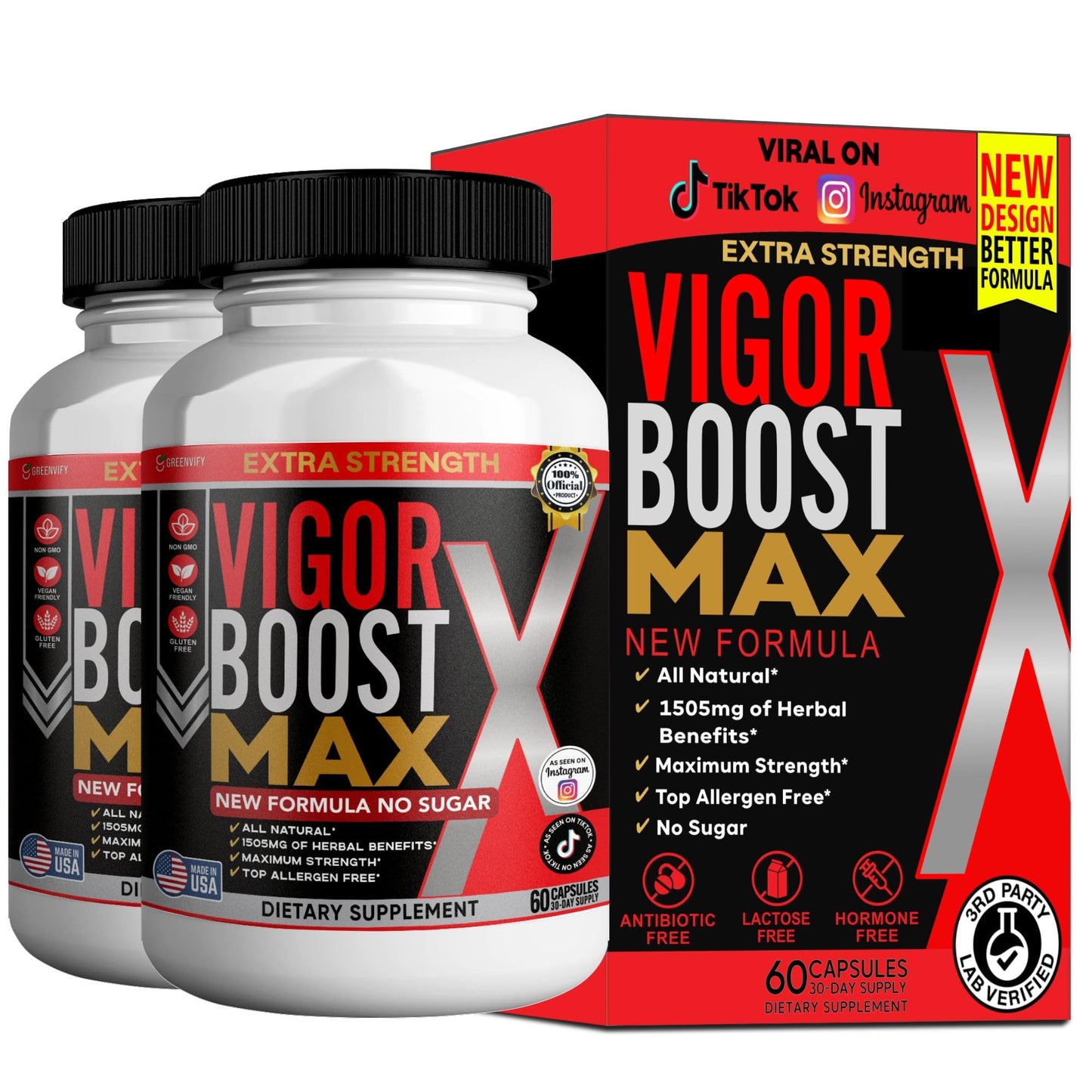 GREENVIFY Vigor Boost Max Extra Strength Organic Maca Root Supplement Black Red Yellow Maca 60 Capsules