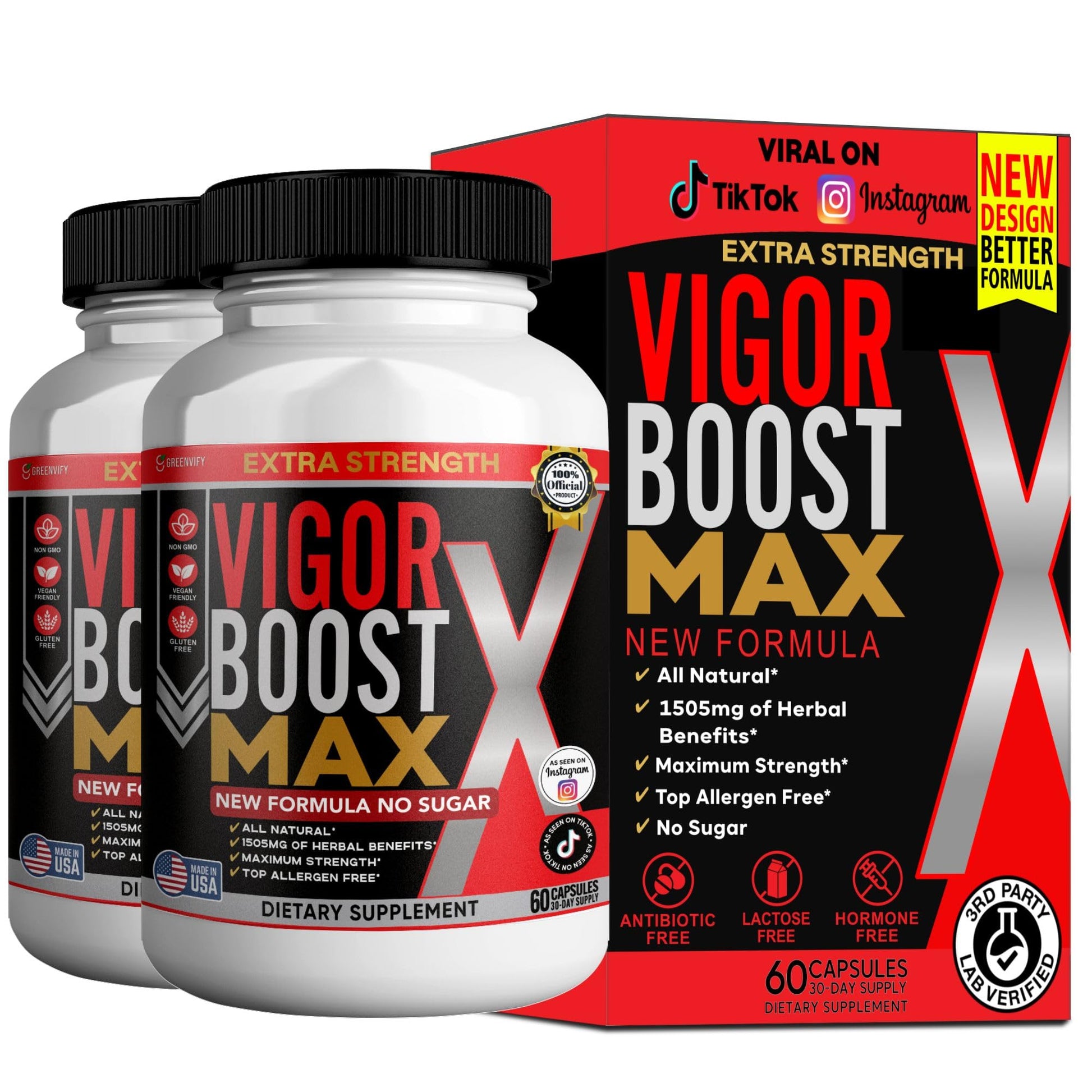 GREENVIFY Vigor Boost Max Extra Strength Organic Maca Root Supplement Black Red Yellow Maca 60 Capsules
