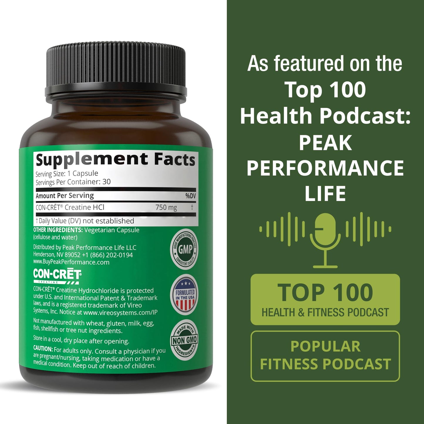 Peak Performance Creatine HCl Capsules Made with CON-CRET, 30 Count