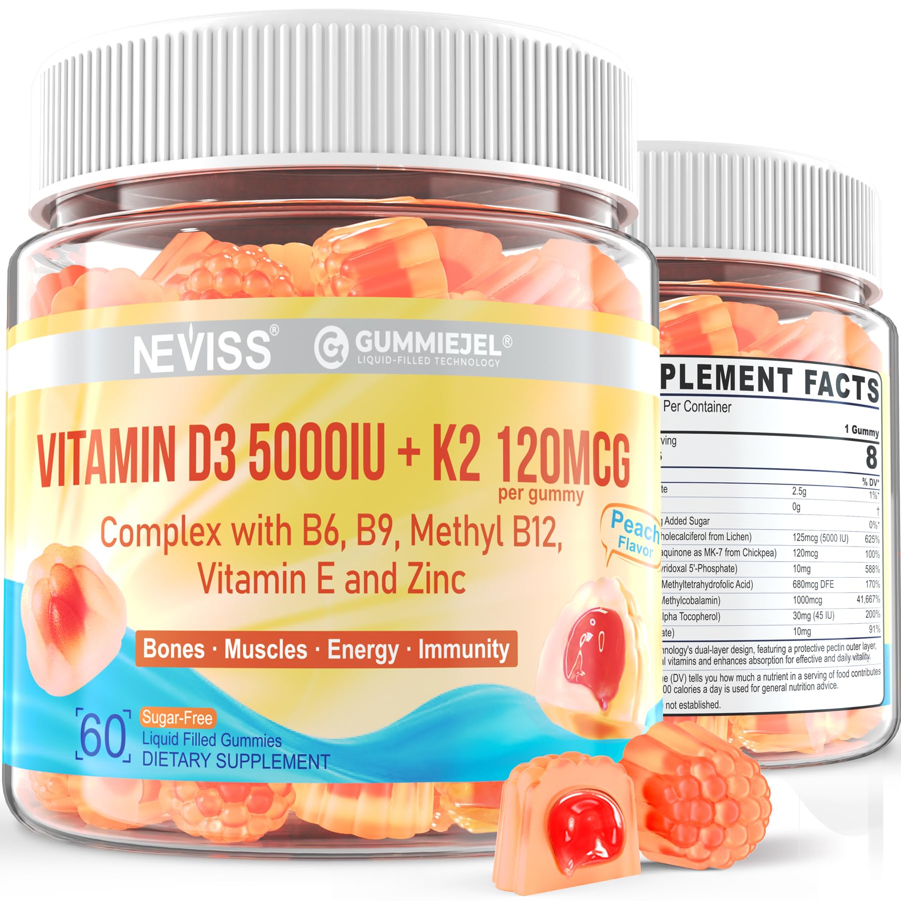 NEVISS Vitamin D3 5000IU + K2 (MK-7) 120mcg Gummies, 60 Count