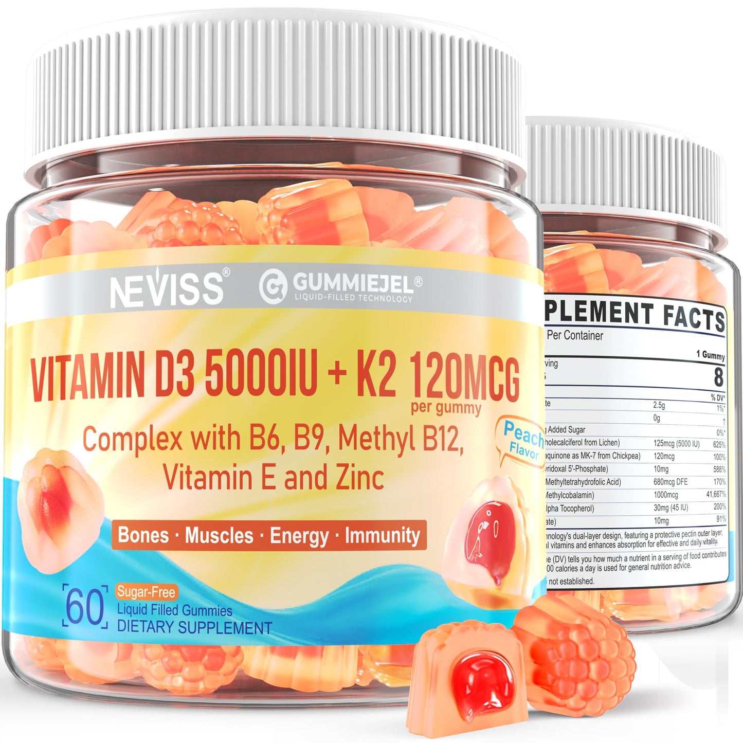 NEVISS Vitamin D3 5000IU + K2 (MK-7) 120mcg Gummies, 120 Gummies