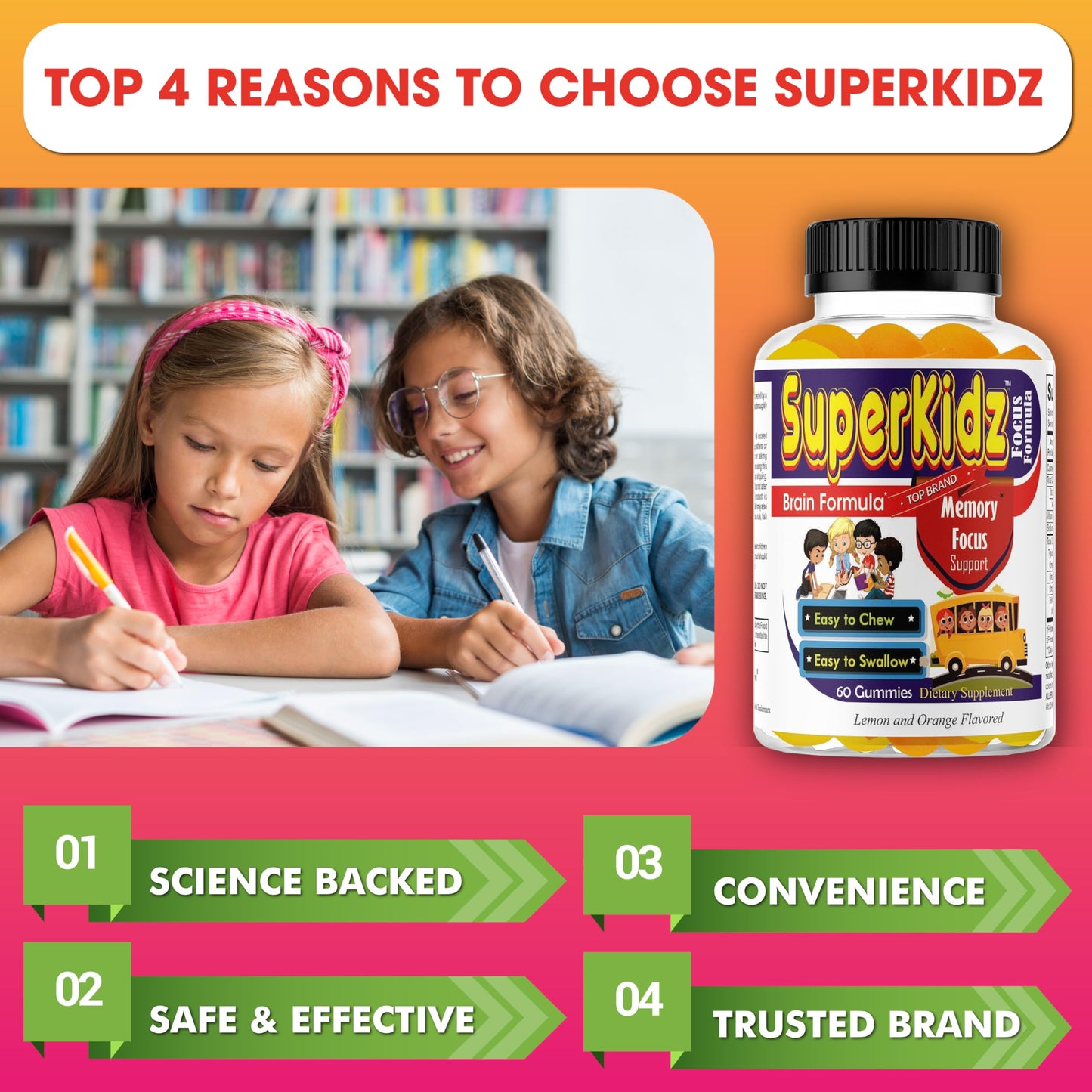 Celebrity LifeStyle Product Superkids Kids Focus Gummies with Omega-3 DHA, Brain Support for Kids & Teens, 60 Count