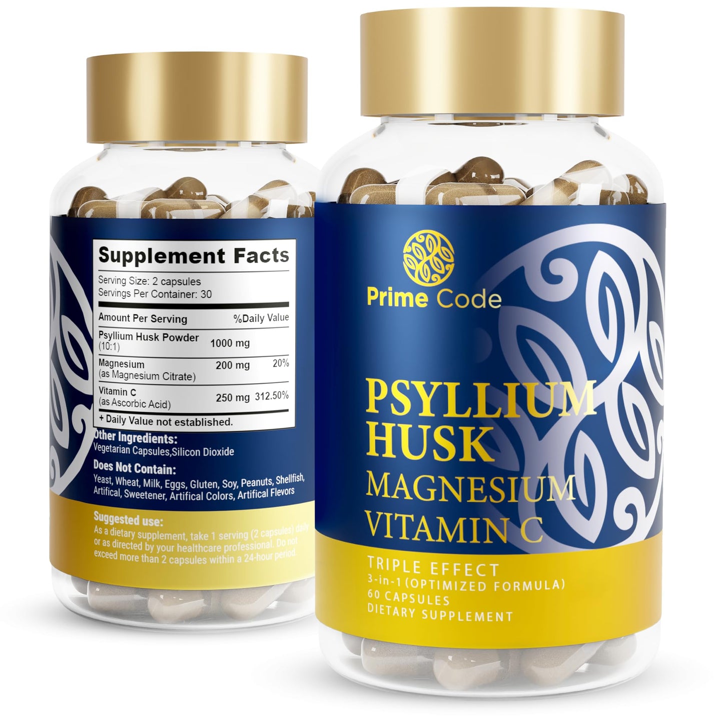 Prime Code Psyllium Husk Capsules with Magnesium Citrate and Vitamin C, 60 Count