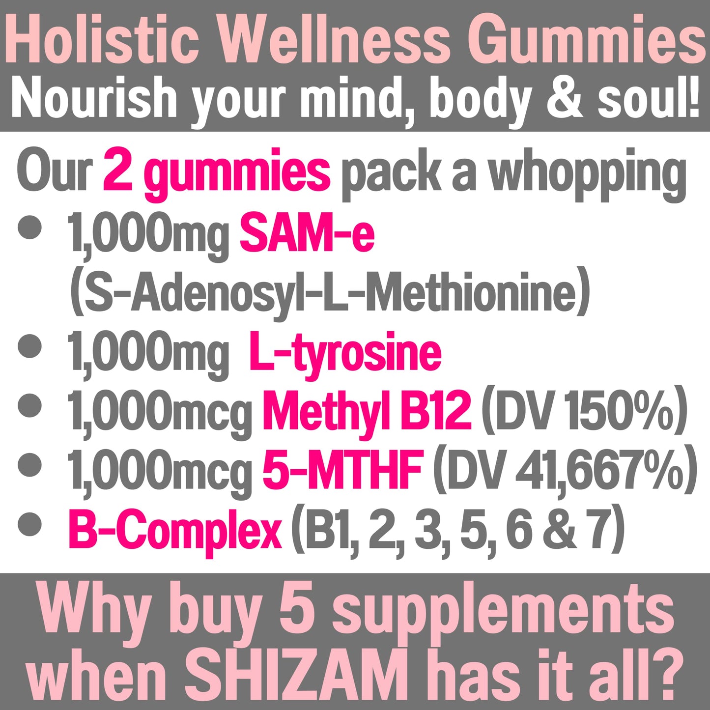 SHIZAM SAM-e & L-Tyrosine Vitamin B-Complex Gummies with Methyl B12 & 5-MTHF, 60 Gummies