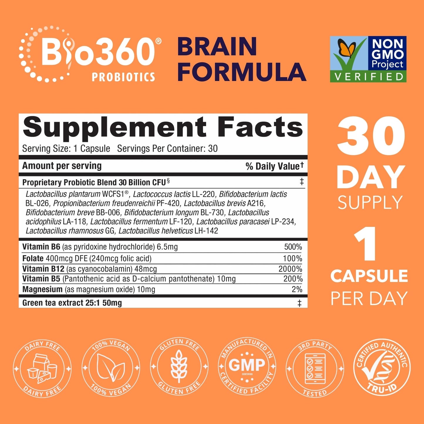 Bio360 Cognitive Support Probiotic for Brain Health, Digestive, Immune Health & Mental Energy, 30 Billion, 12 Probiotics, 25X Green Tea Extract, Magnesium & Vitamin B5, B6 & B12, Capsules, 30