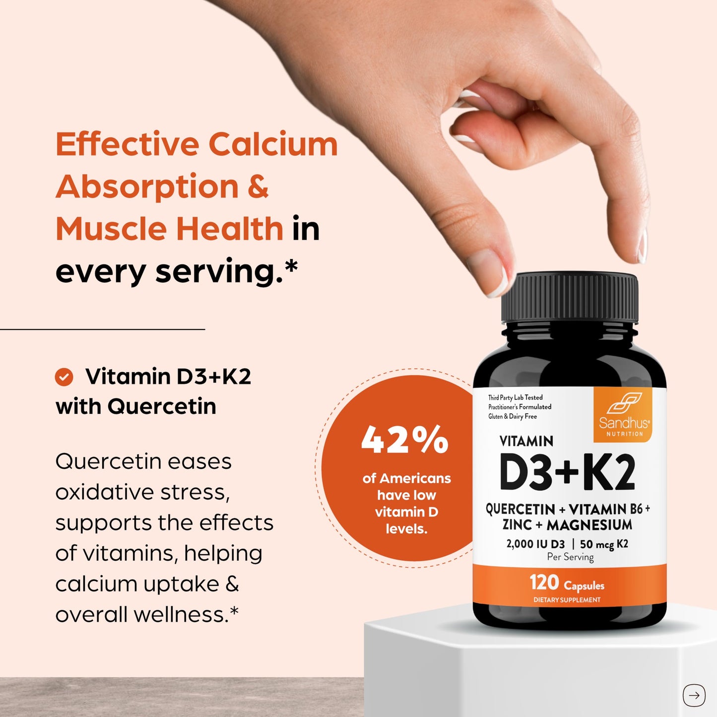 Sandhu's Vitamin D3 K2 2000 IU 120 mcg Magnesium Zinc B6 Quercetin Capsules 120