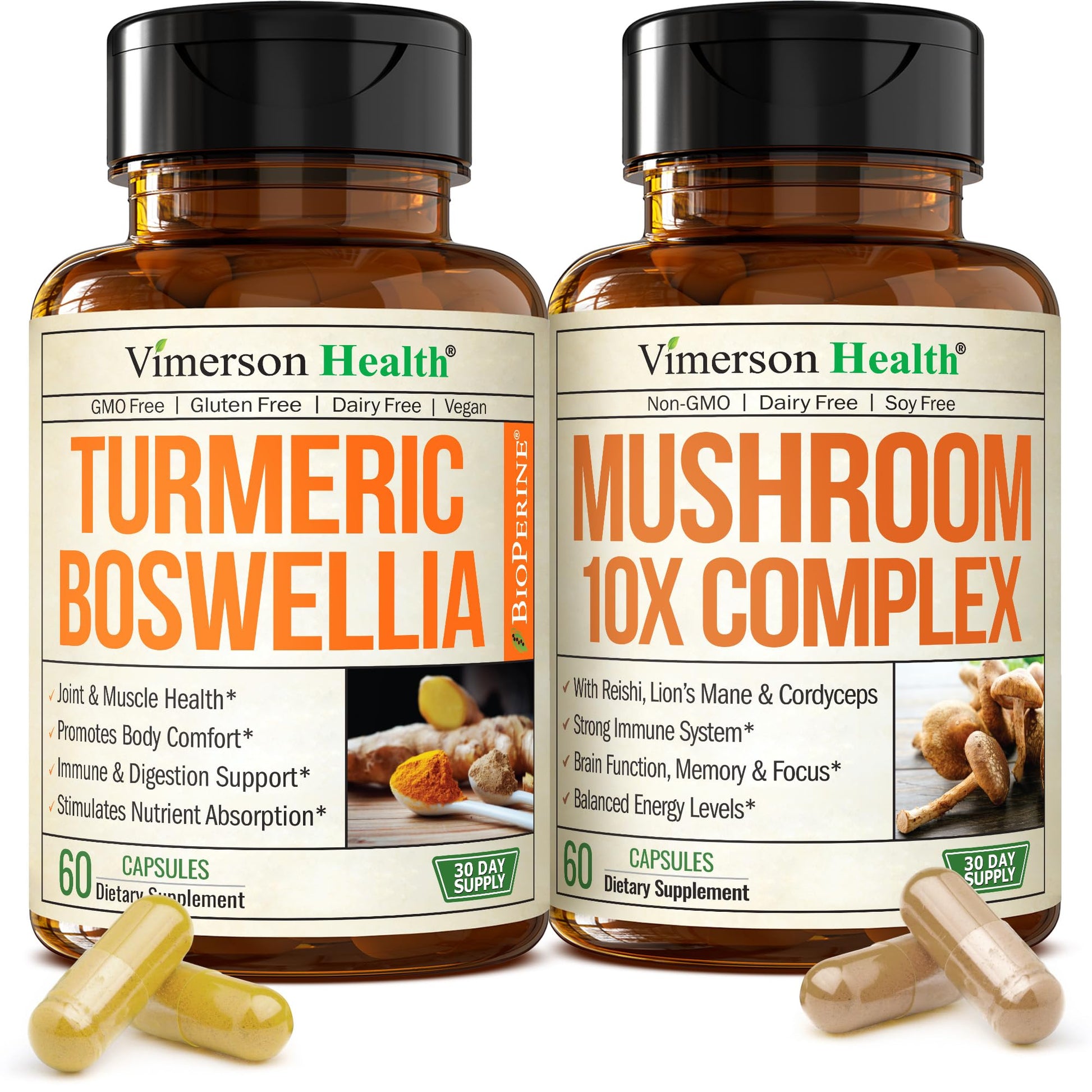 Vimerson Health Boswellia Turmeric Curcumin Supplement + 10-in-1 Mushroom Powder Bundle 120 Capsules