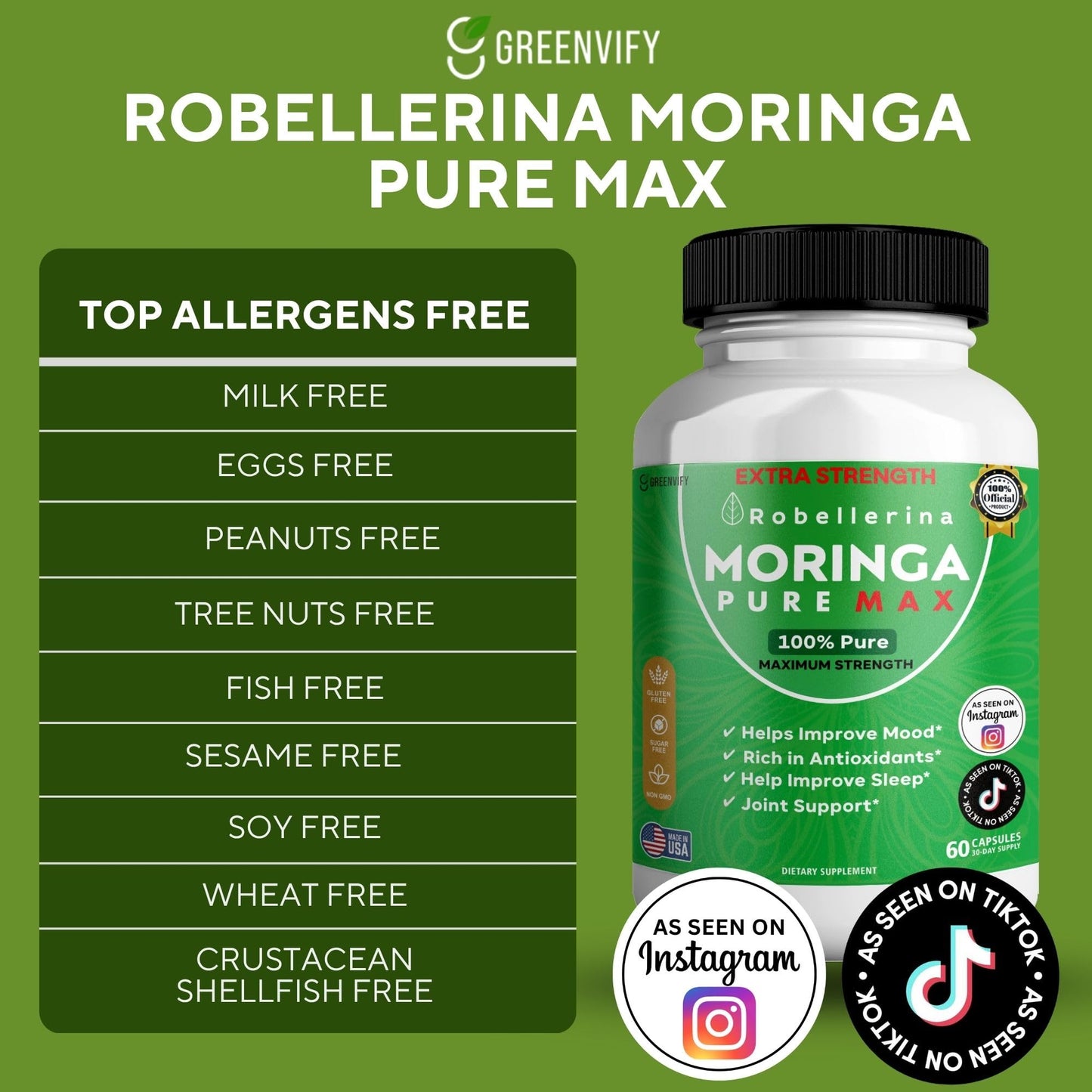 GREENVIFY Robellerina Moringa Pure Max Dietary Supplement Capsule, 60 Count