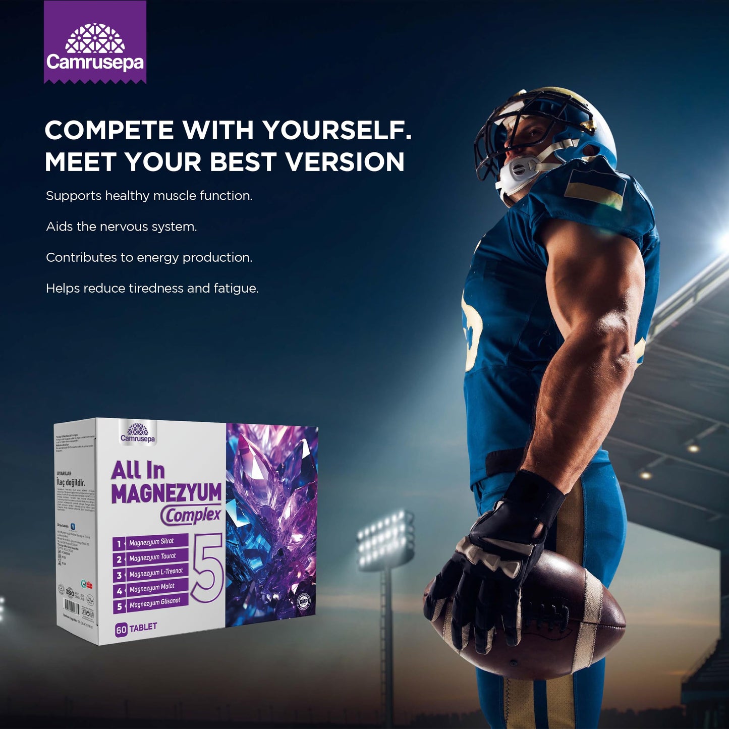 Camrusepa All in Magnesium Complex 5 – Five Forms of Magnesium (L-Threonate, Taurate, Citrate, Glycinate, Malate) – Supports Muscle Function, Nerve Support & Energy Production, 60 Tablets
