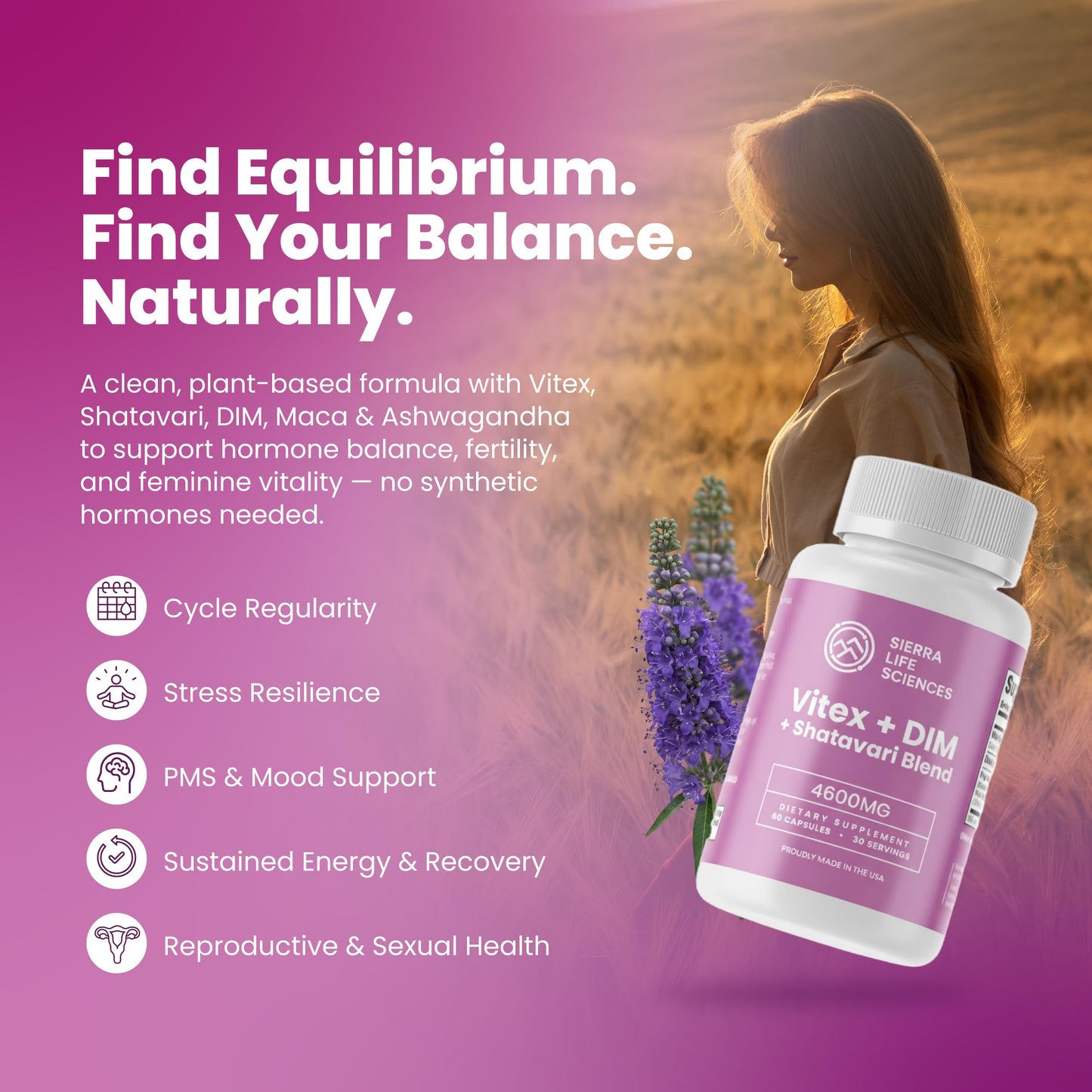SIERRA LIFE SCIENCES Hormonal Balance Blend for Women, Vitex, DIM, Shatavari + Adaptogenic Support, Capsules, 180