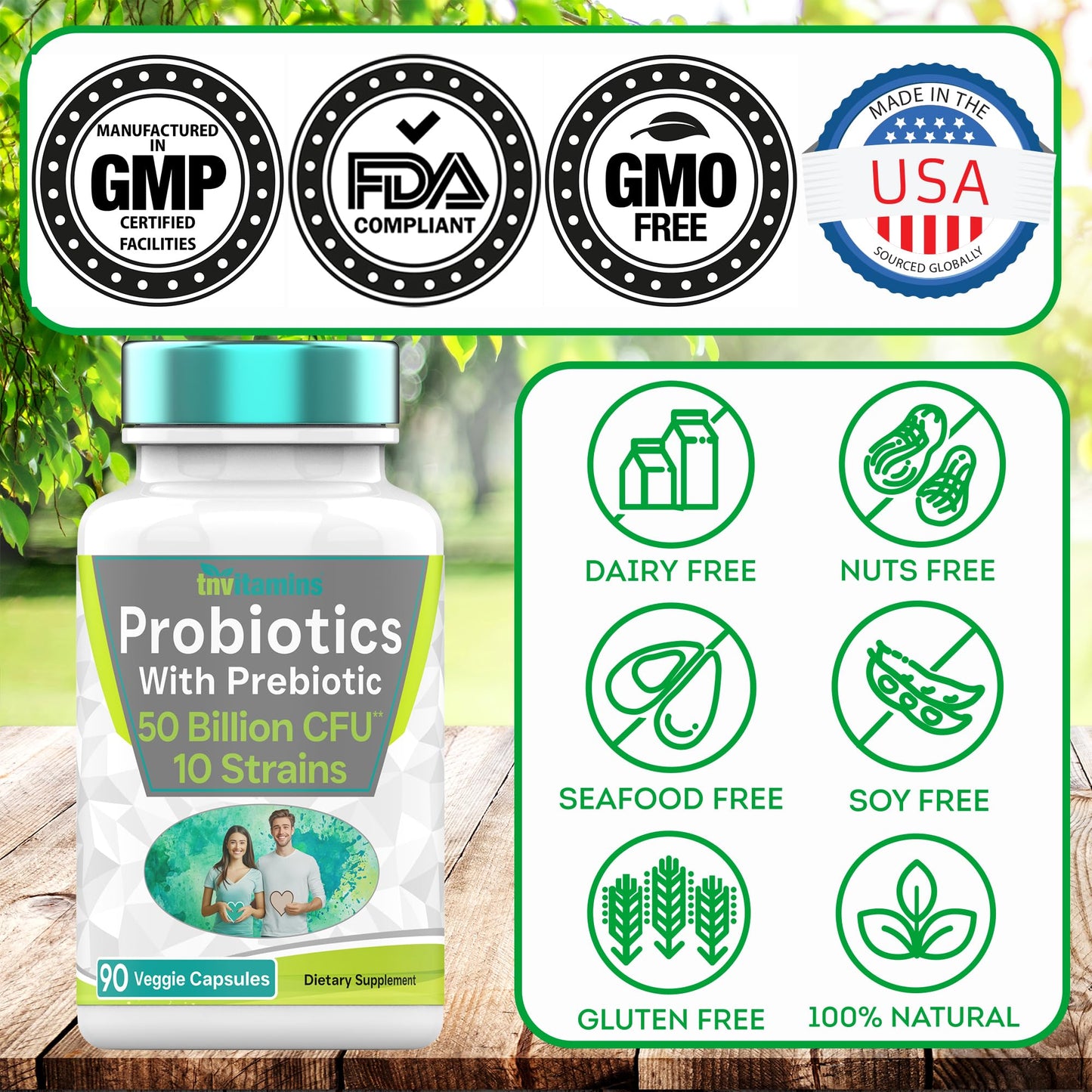 tnvitamins Probiotics with Prebiotic: 50 Billion CFU, 10-Strain Probiotic for Digestive Health and Immune Support Capsules, 90 Count